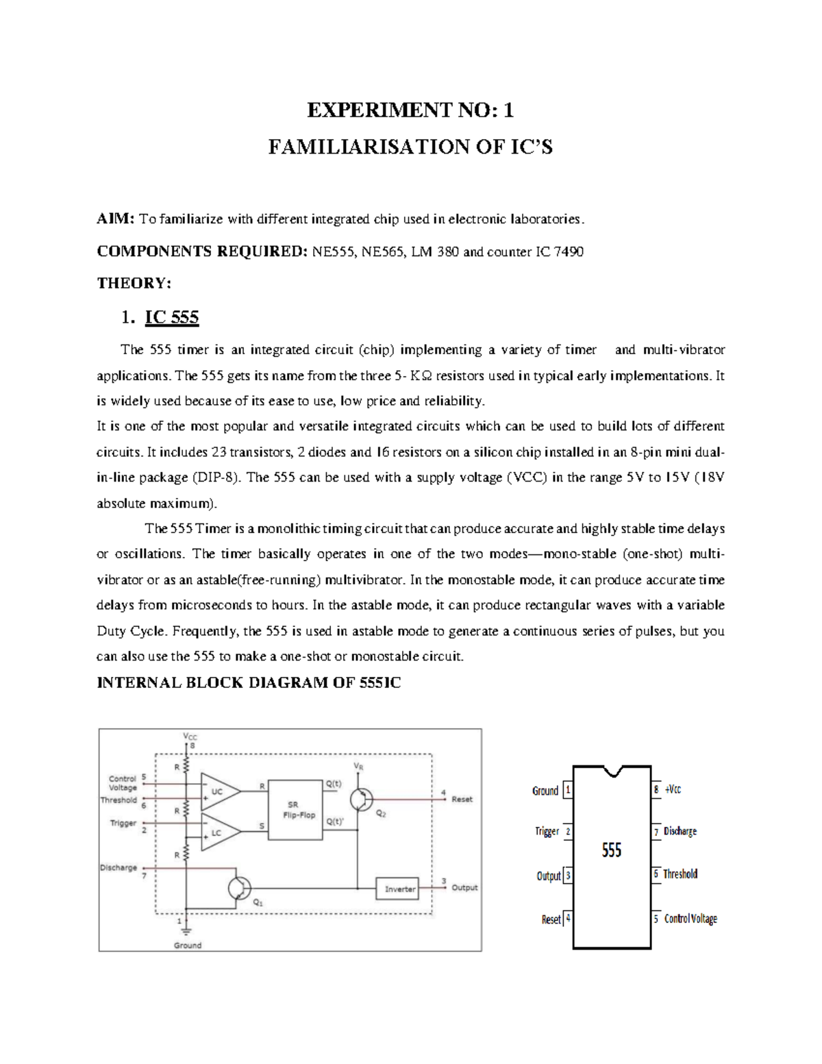 Familiarization with ICs: Experiment No. 1 on Electronics - Studocu