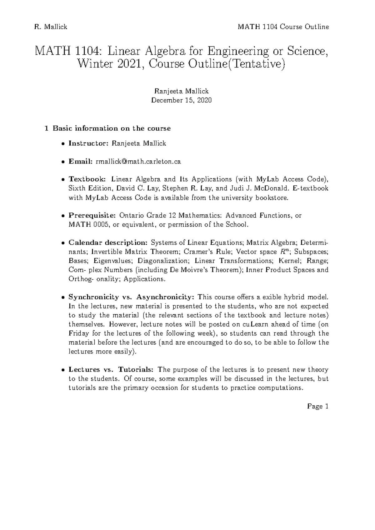 MATH 1104 Winter 2021 Tentative Course Outline & Schedule - Studocu