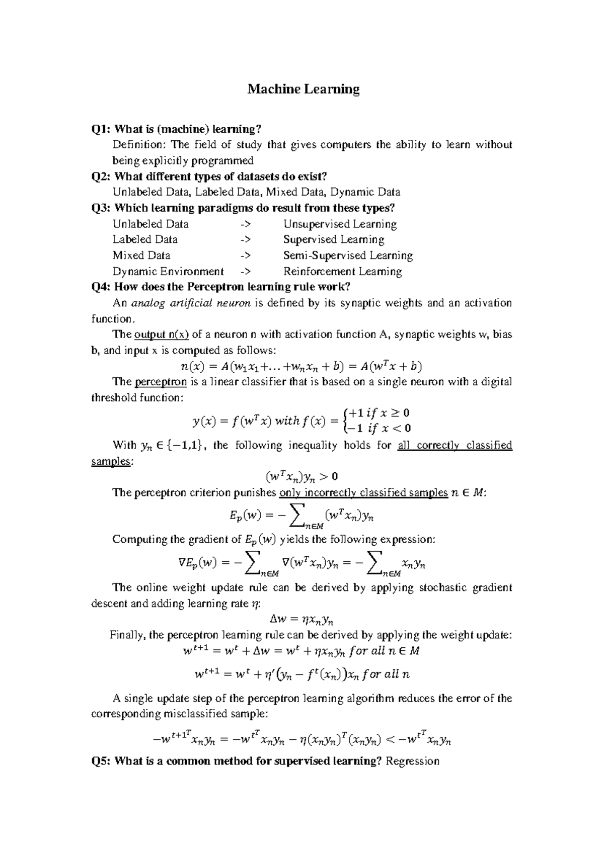 Summary ML - Machine Learning Q1: What is (machine) learning ...