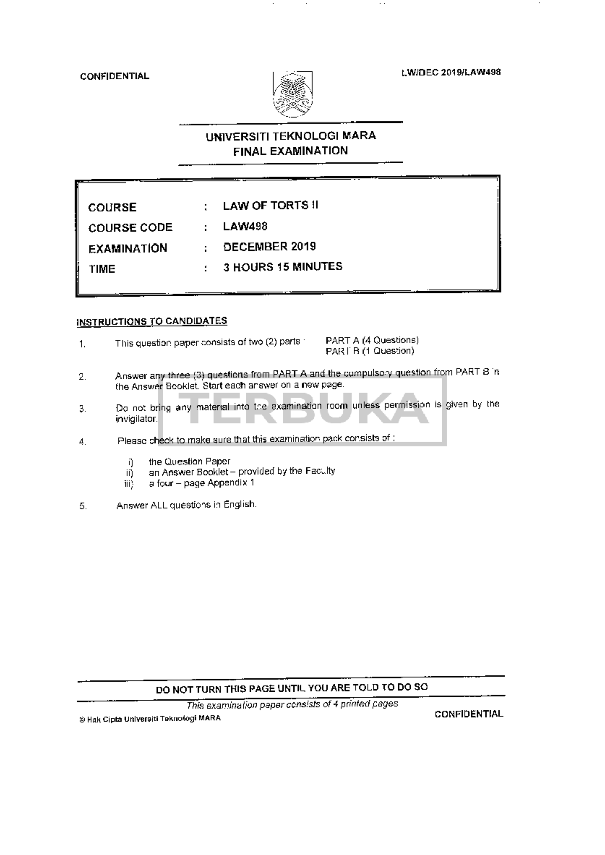 LAW498 Final Exam Paper: Law of Torts II - December 2019 - Studocu