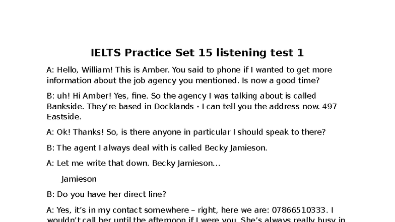 IELTS Practice Set 15: Listening Test 1 Transcript - Studocu