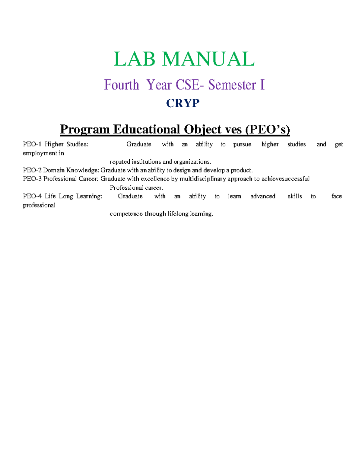 Cryptography Security Lab Manual - IV Year Semester I (R18CSE41L1 ...