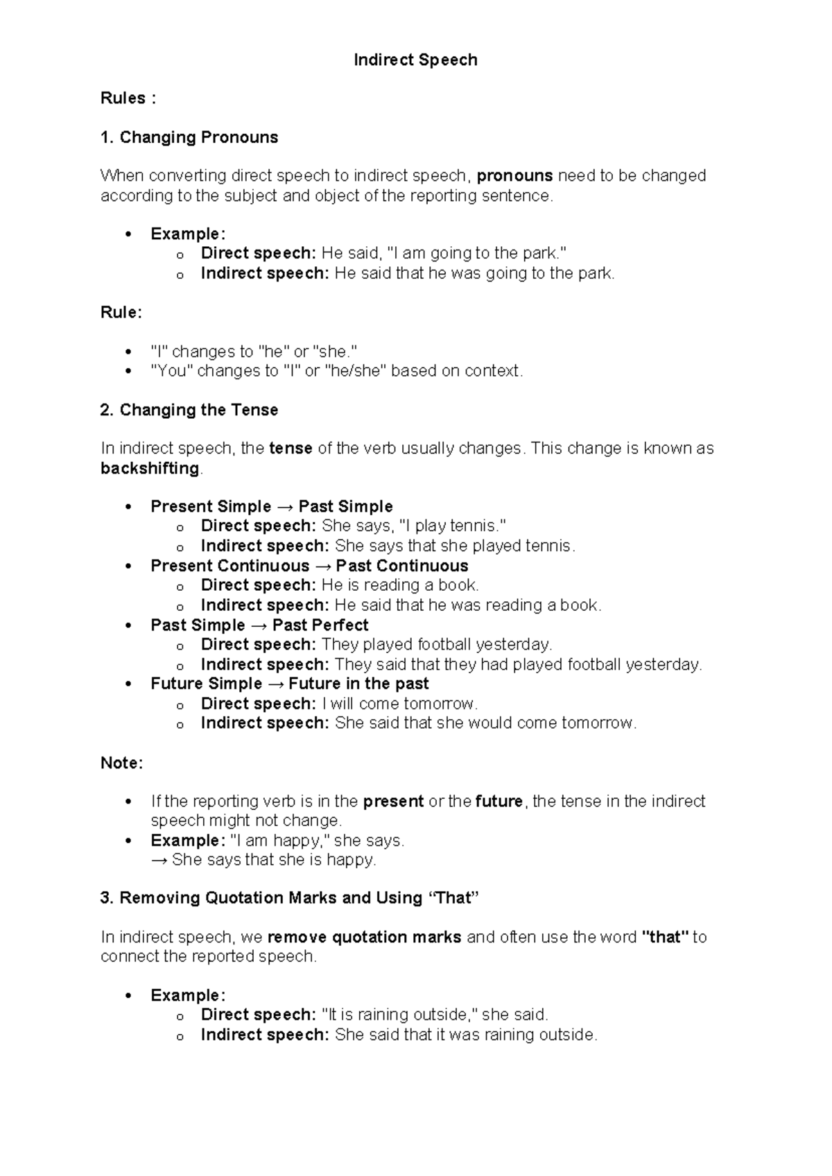 Indirect Speech Rules and Examples - XYZ - Studocu