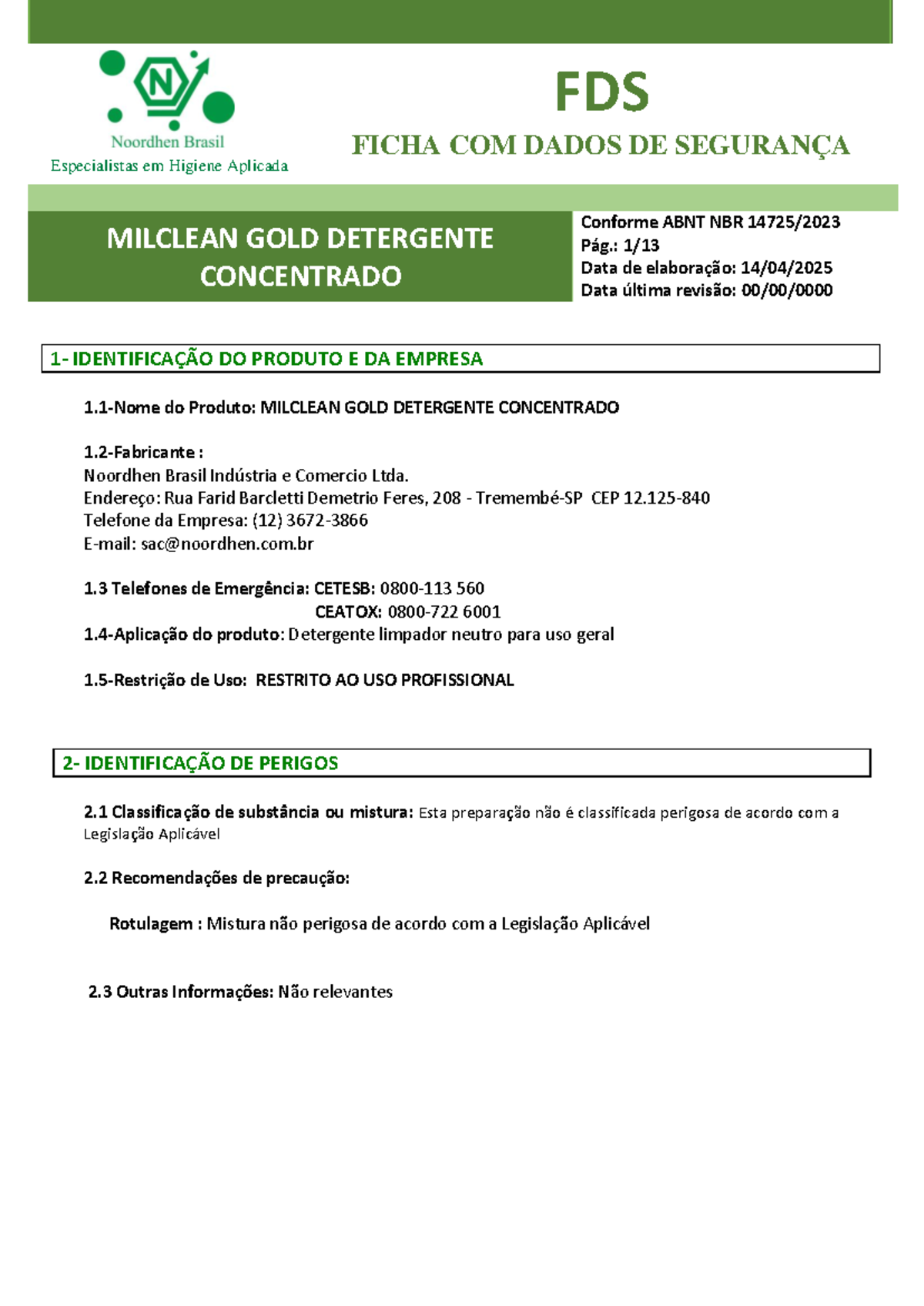 FDS MILCLEAN GOLD: Ficha de Dados de Segurança e Manuseio - Studocu