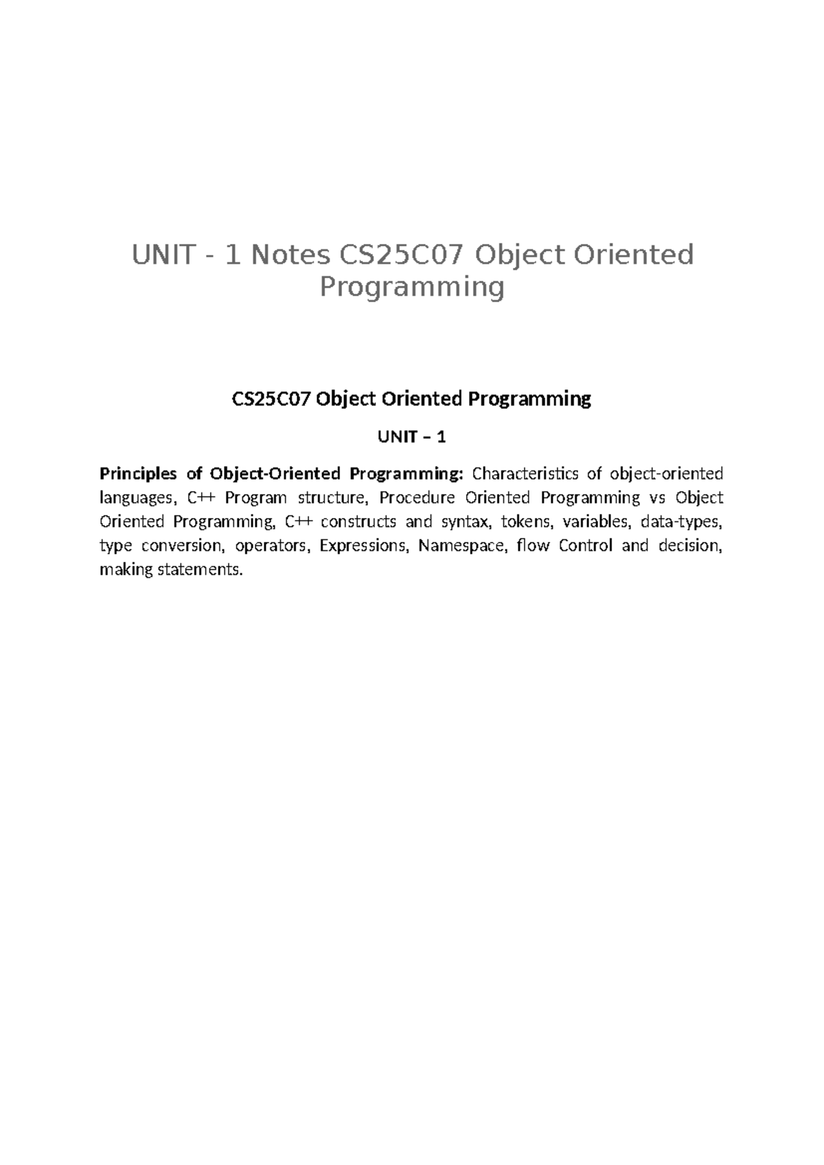 Unit 1 Notes: Principles of Object Oriented Programming CS25C07 - Studocu