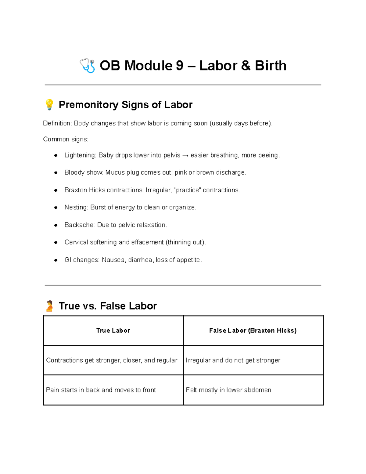 OB Module 9: Labor Premonitory Signs & Stages of Labor Notes - Studocu