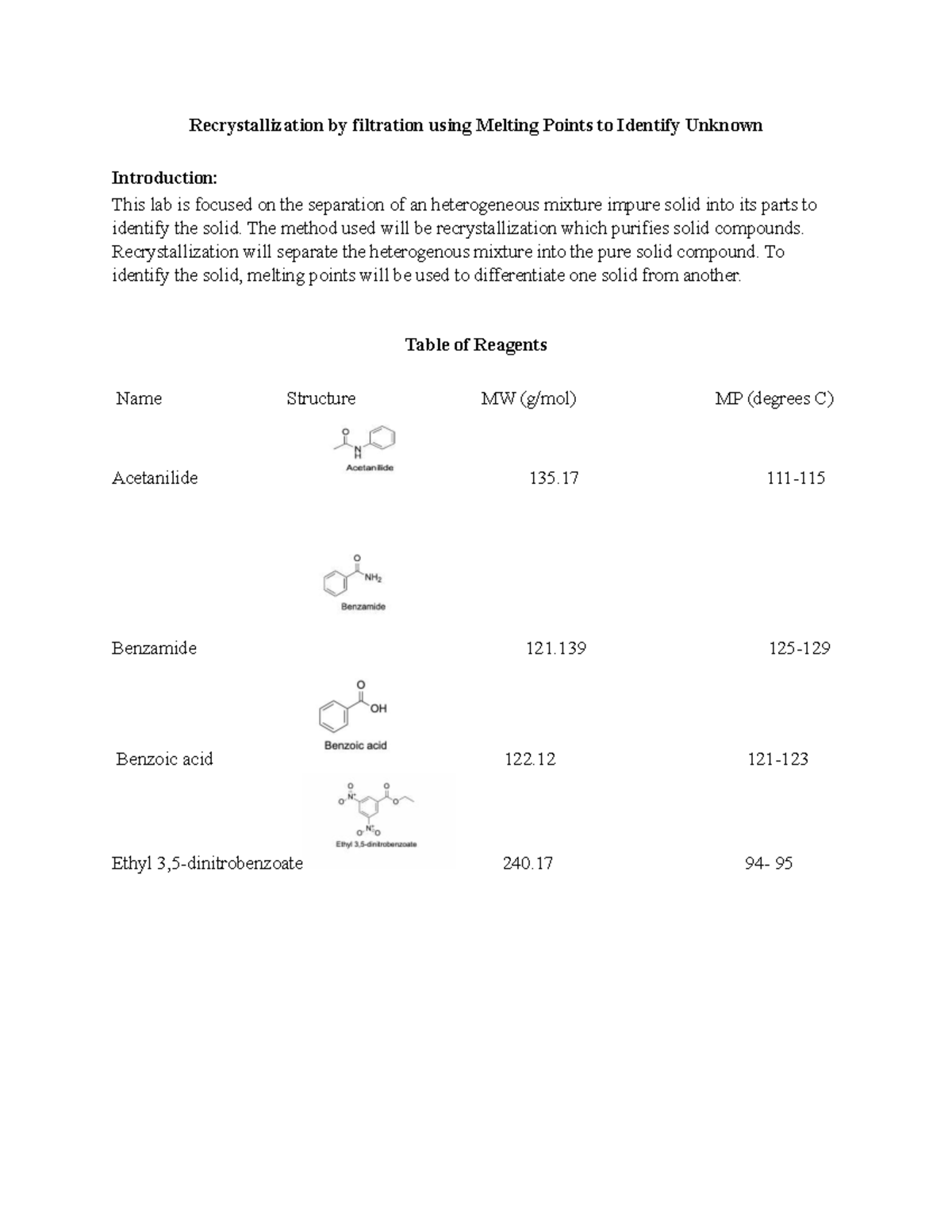 CHEM 2211 L Experiment 1: Recrystallization & Melting Point Analysis ...