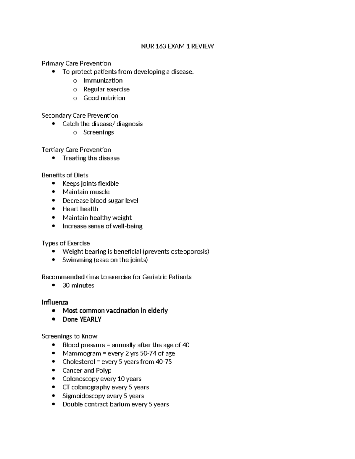 NUR 163 Exam 1 Study Guide: Prevention, Care, and Assessment Factors ...