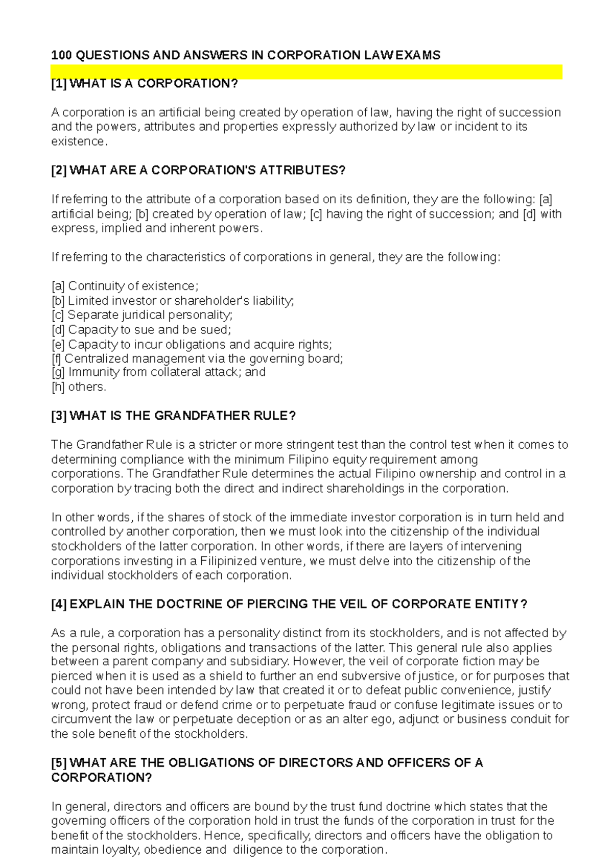 100 Q&A on Corp Law Exams: Key Concepts & Doctrines Explained - Studocu
