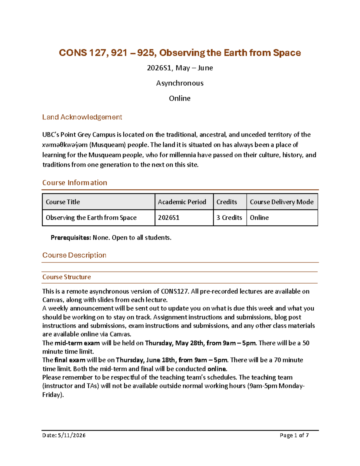 CONS 127 Syllabus: Observing the Earth from Space 2026S1 - Studocu