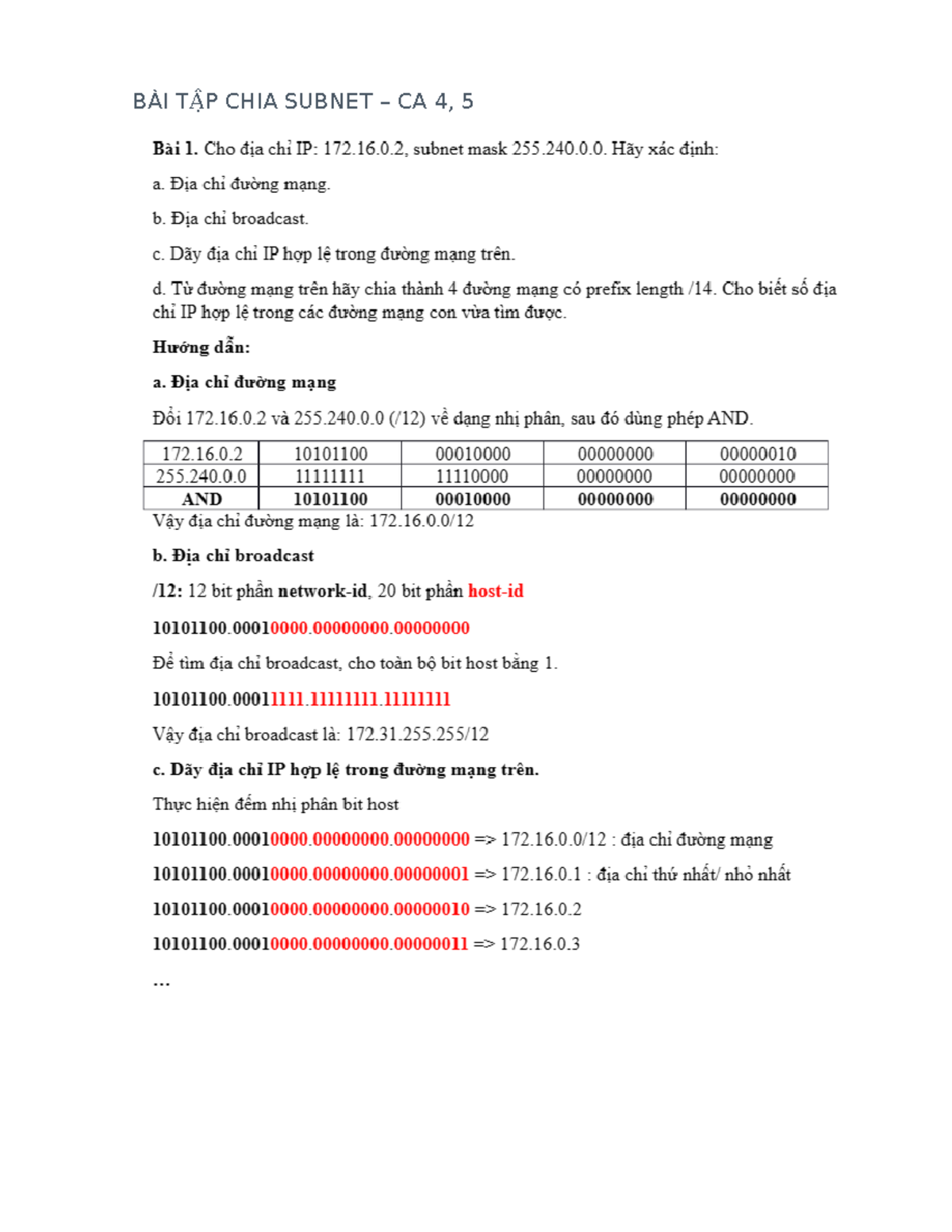 Bài Tập Chia Subnet CA 4, 5: Tính Toán Địa Chỉ IP & Subnet - Studocu