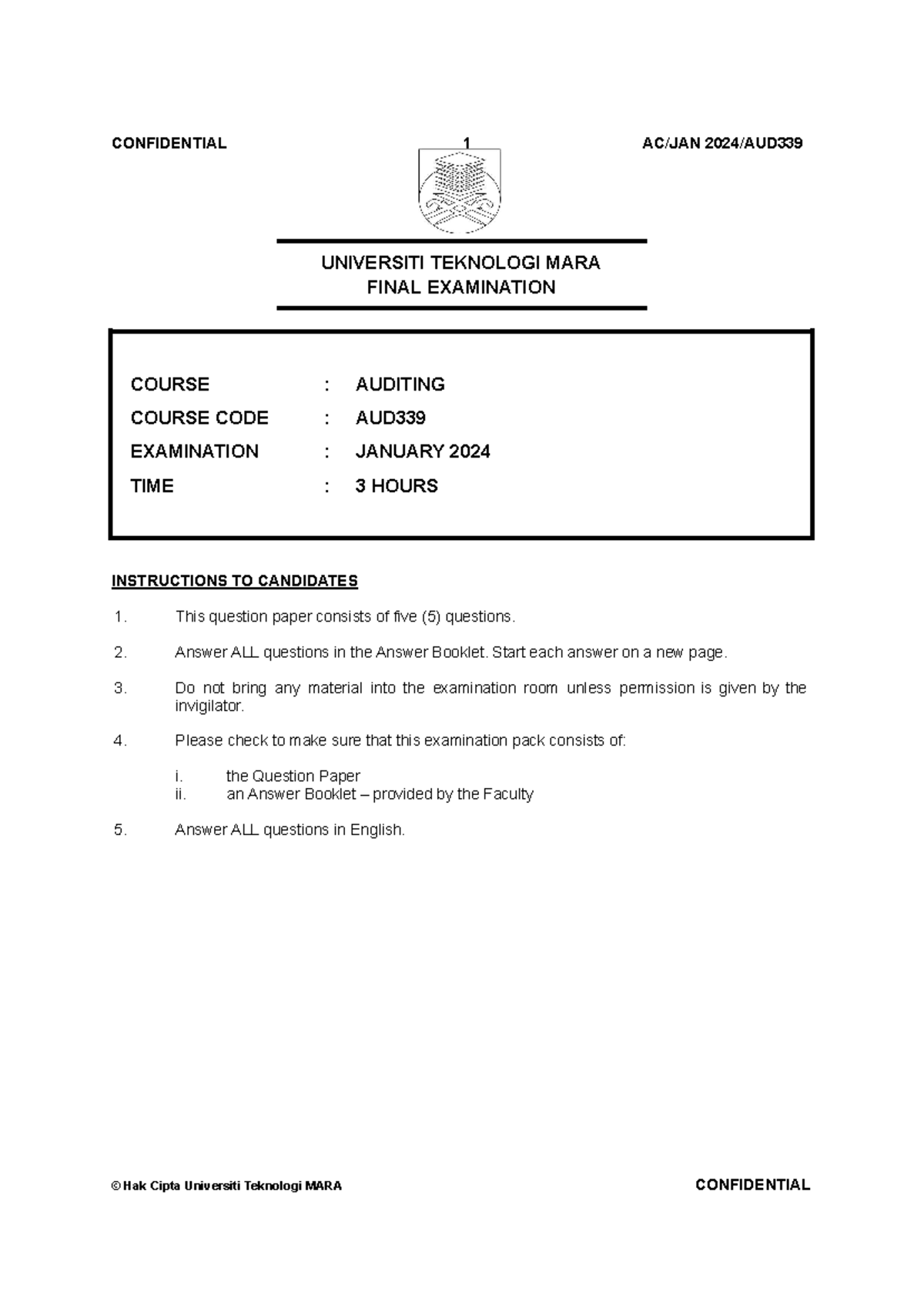AUD339 FINAL EXAM JAN2024 - Auditing Question Paper Insights - Studocu