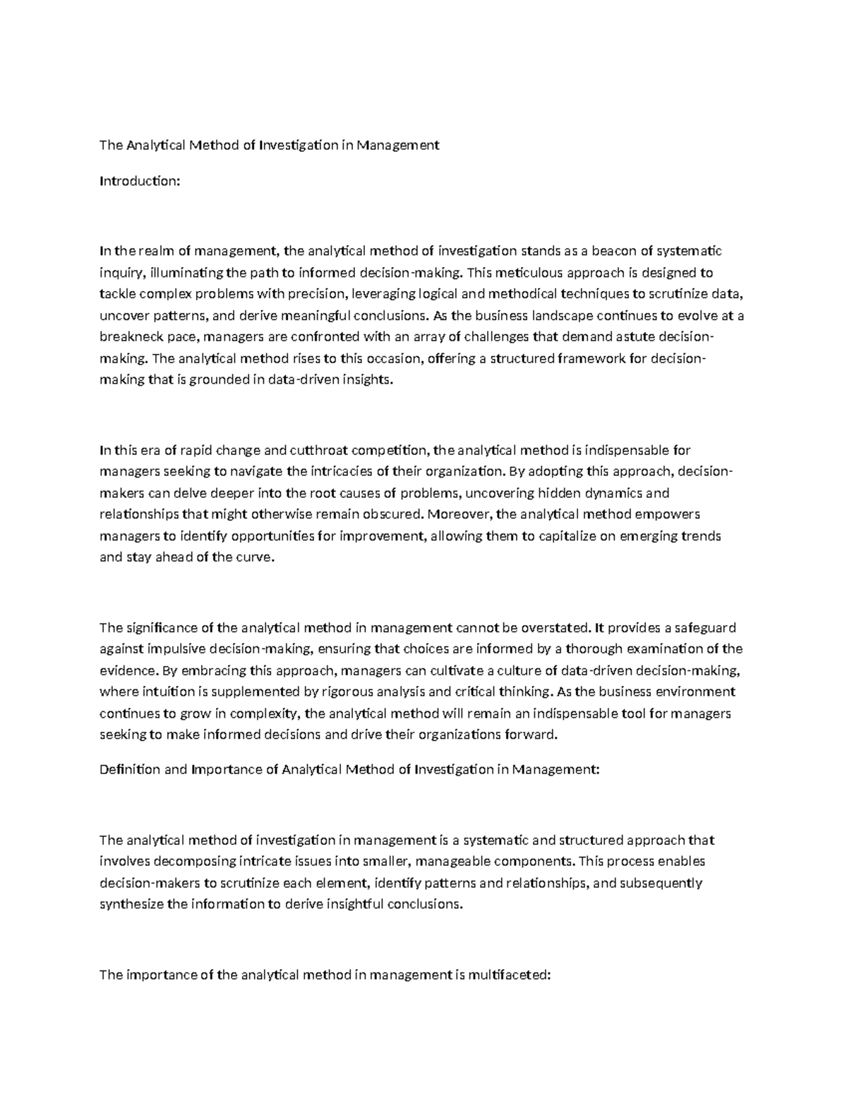 MGMT 101: Analytical Method of Investigation in Management - Studocu