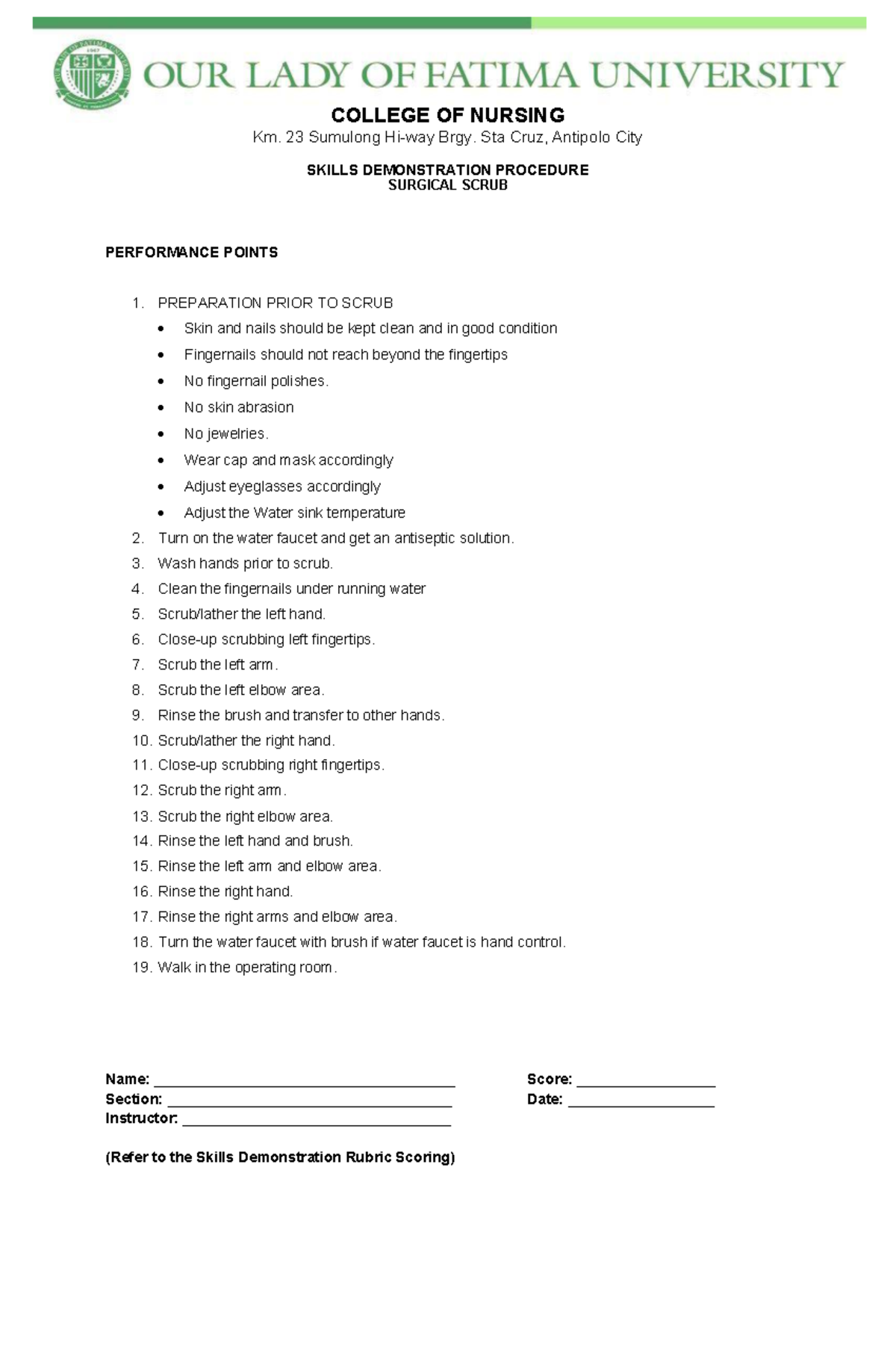 NURS 9.1 Surgical Scrub Skills Demonstration Procedure Guide - Studocu