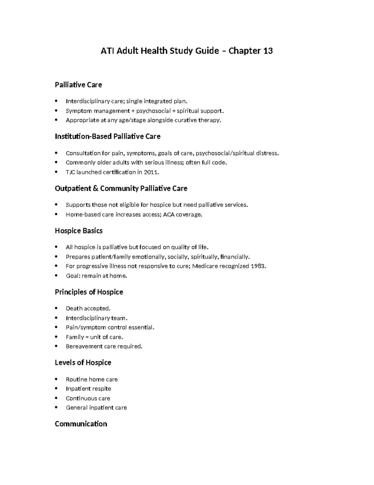 ATI Adult Health Exam 1 Ch13 Palliative Care Study Guide - Studocu