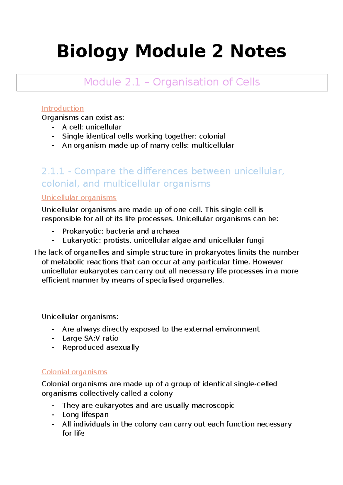 Biology Module 2: Unicellular, Colonial, and Multicellular Organisms ...