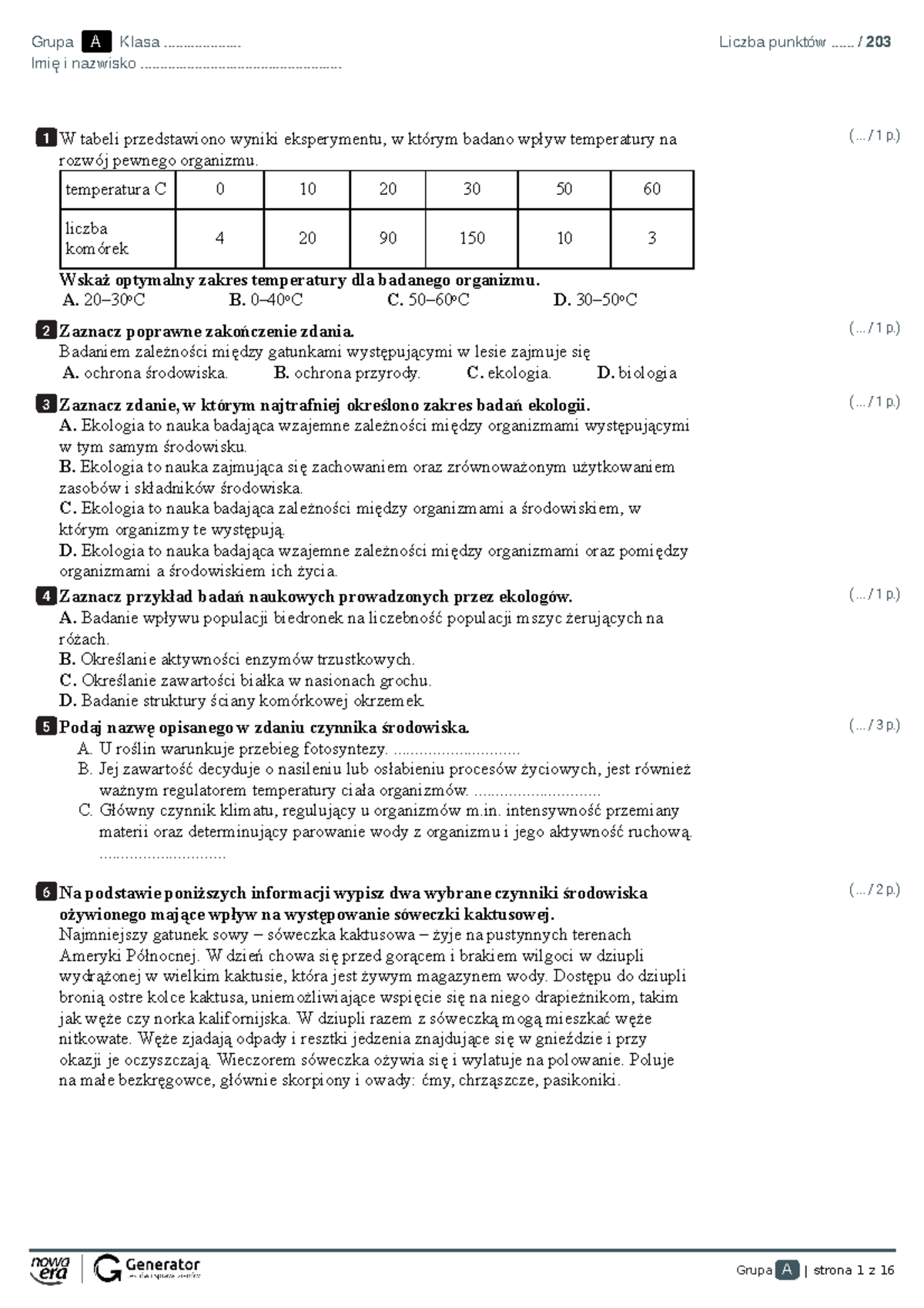 Test Ekologia Gr I - Sprawdzian dla Klasy A z Zagadnieniami