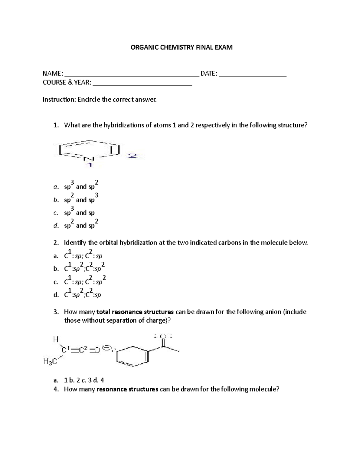 Organic Chemistry Final Exam Review Questions (Course Code: OCHEM101 ...