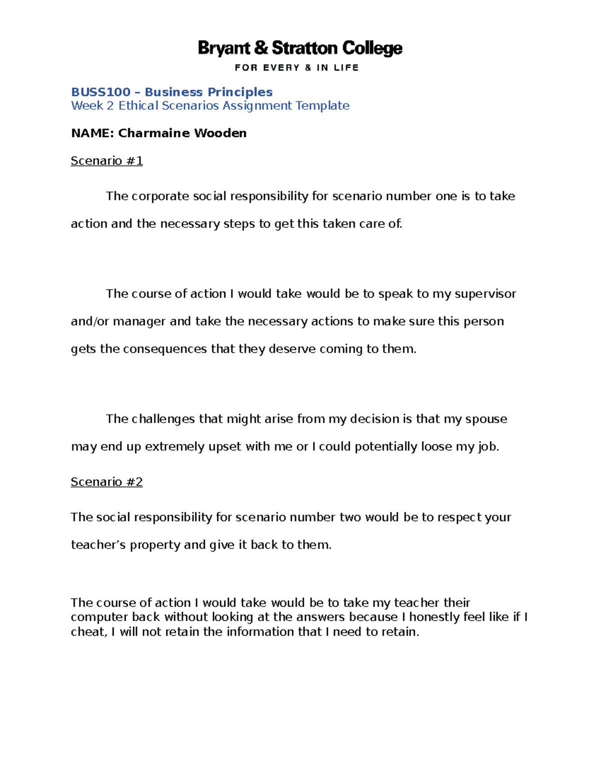 BUSS100 Week 2 Ethical Scenarios Assignment Template - Studocu