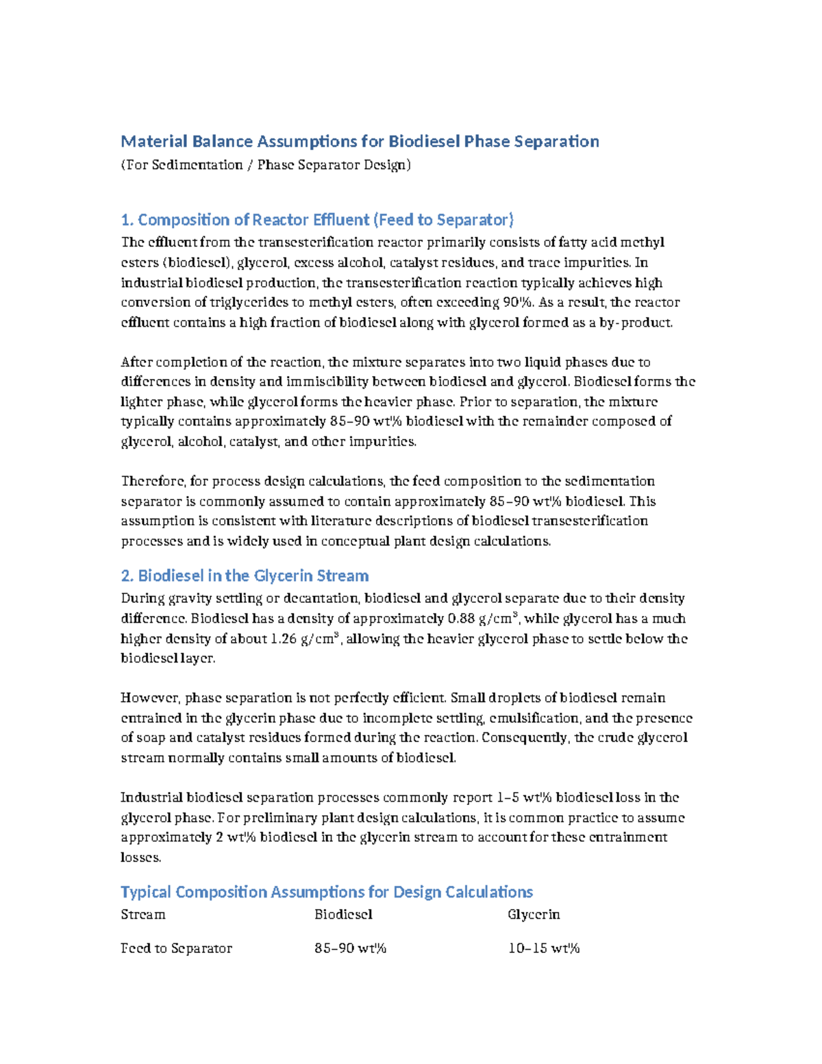 Biodiesel Phase Separation Assumptions for Separator Design - Studocu