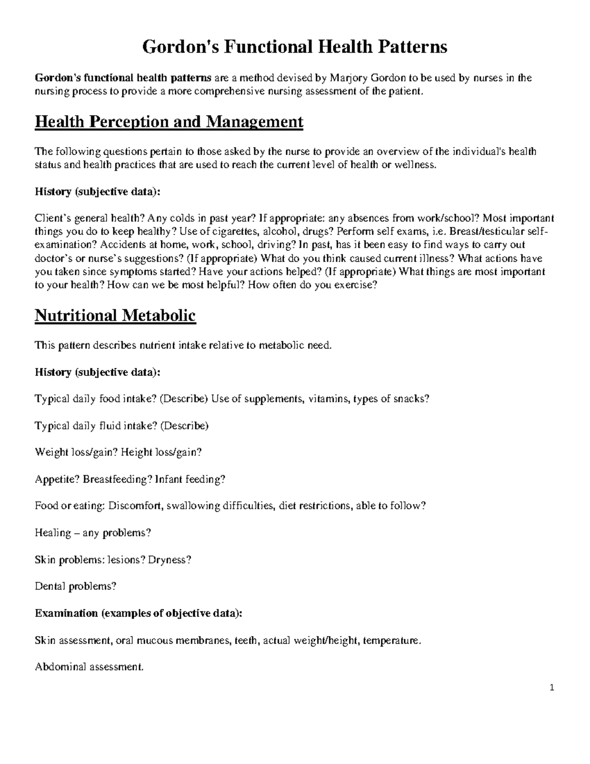 Health Perception & Management: Gordon’s Functional Patterns Analysis ...