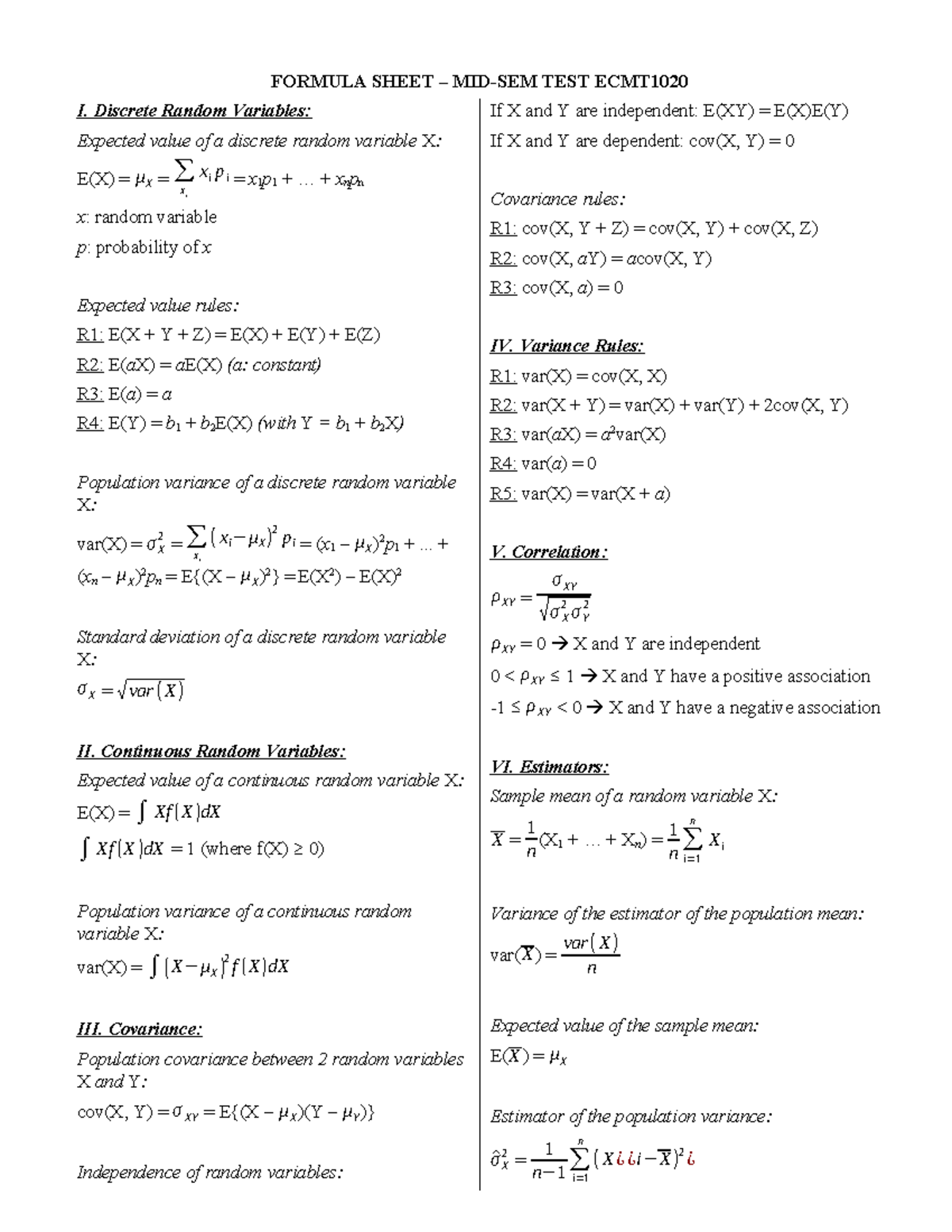 Formula Sheet Midterm ECMT1020: Random Variables & Regression Analysis ...