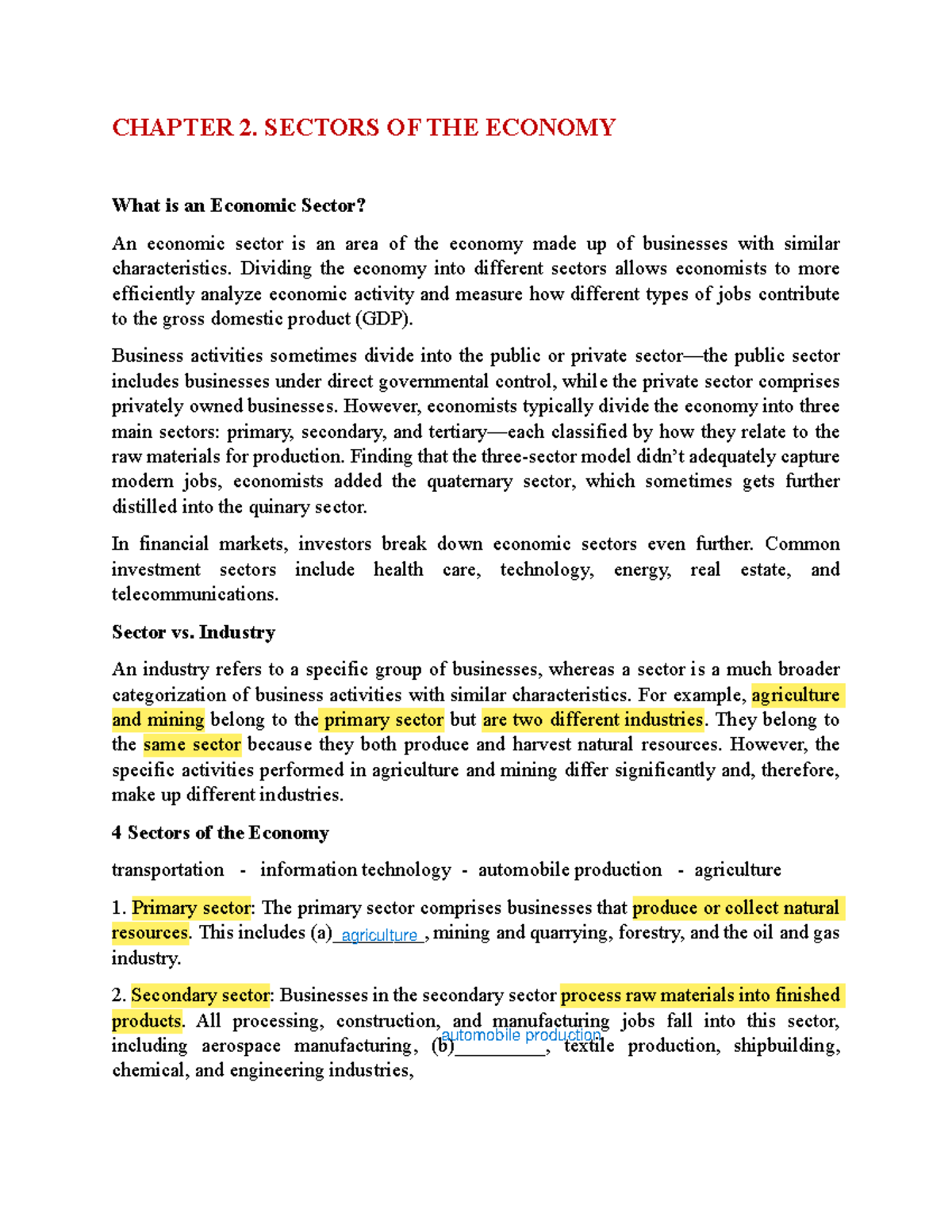 CHAPTER 2. ECONOMIC SECTORS - ESP1 Lesson 1 Notes - Studocu