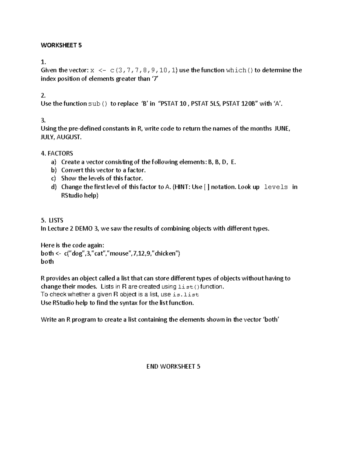 R Programming Worksheet 5: Indexing, Factors, and Lists - Studocu