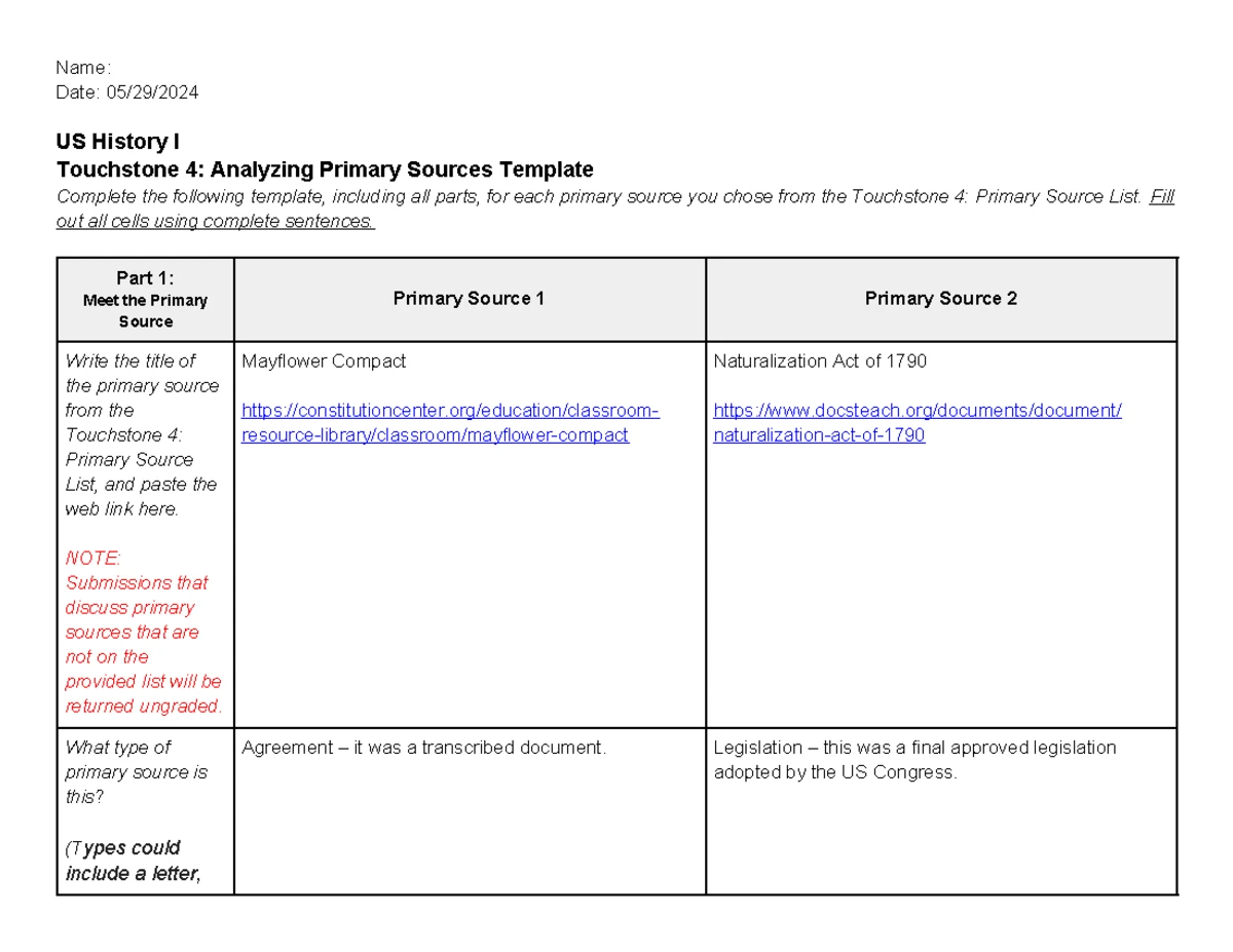 US History I Touchstone 4: Analyzing Primary Sources Template - Studocu