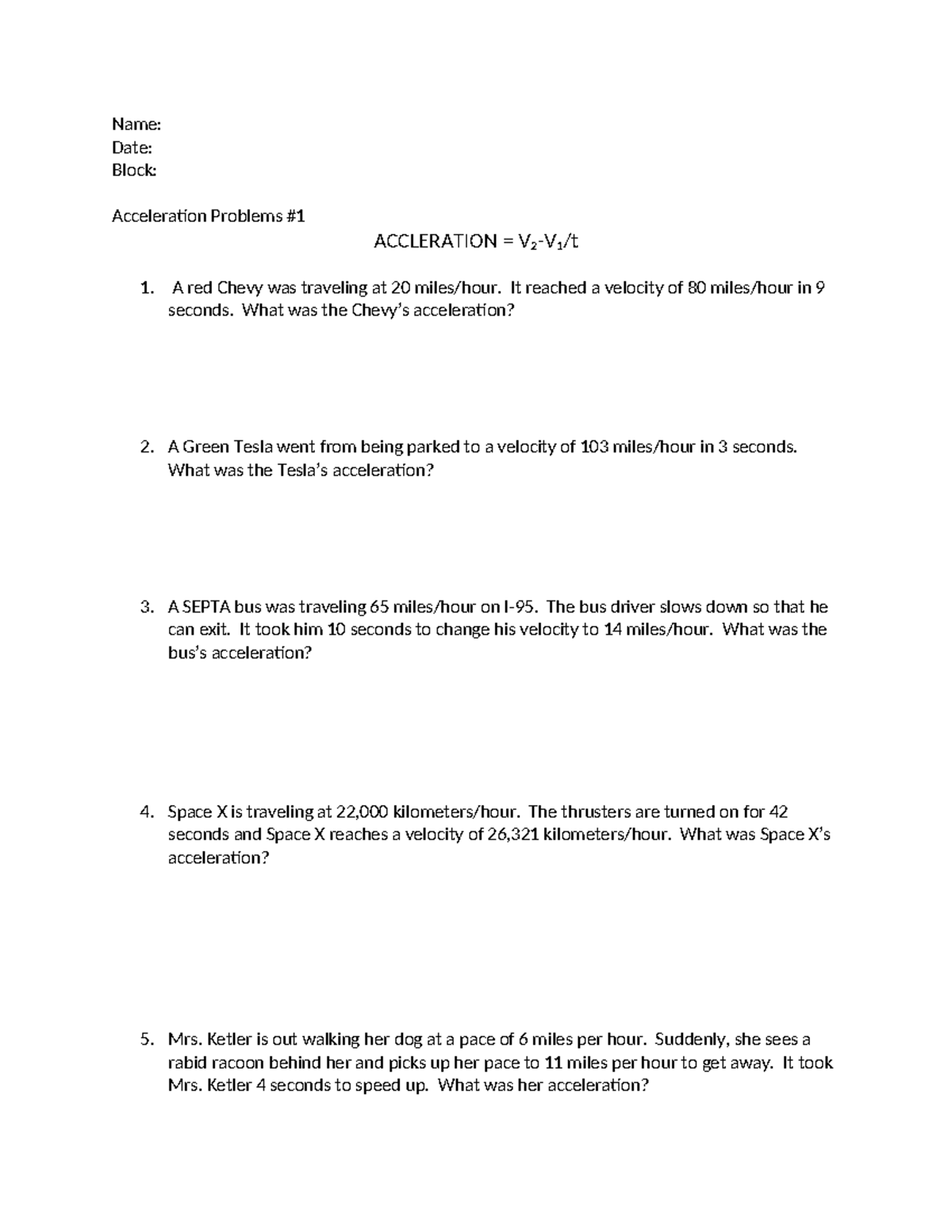 Acceleration Problems 1A: Calculating Acceleration in Various Scenarios ...
