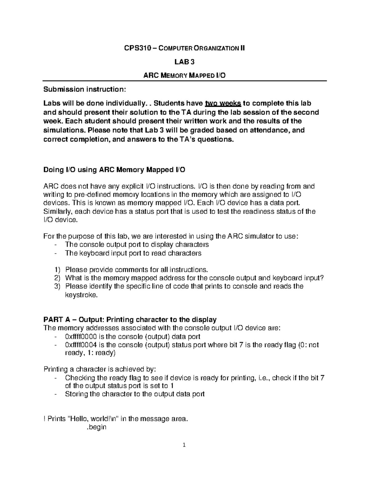 CPS310 Computer Organization II Lab 3: ARC Memory Mapped Instructions ...