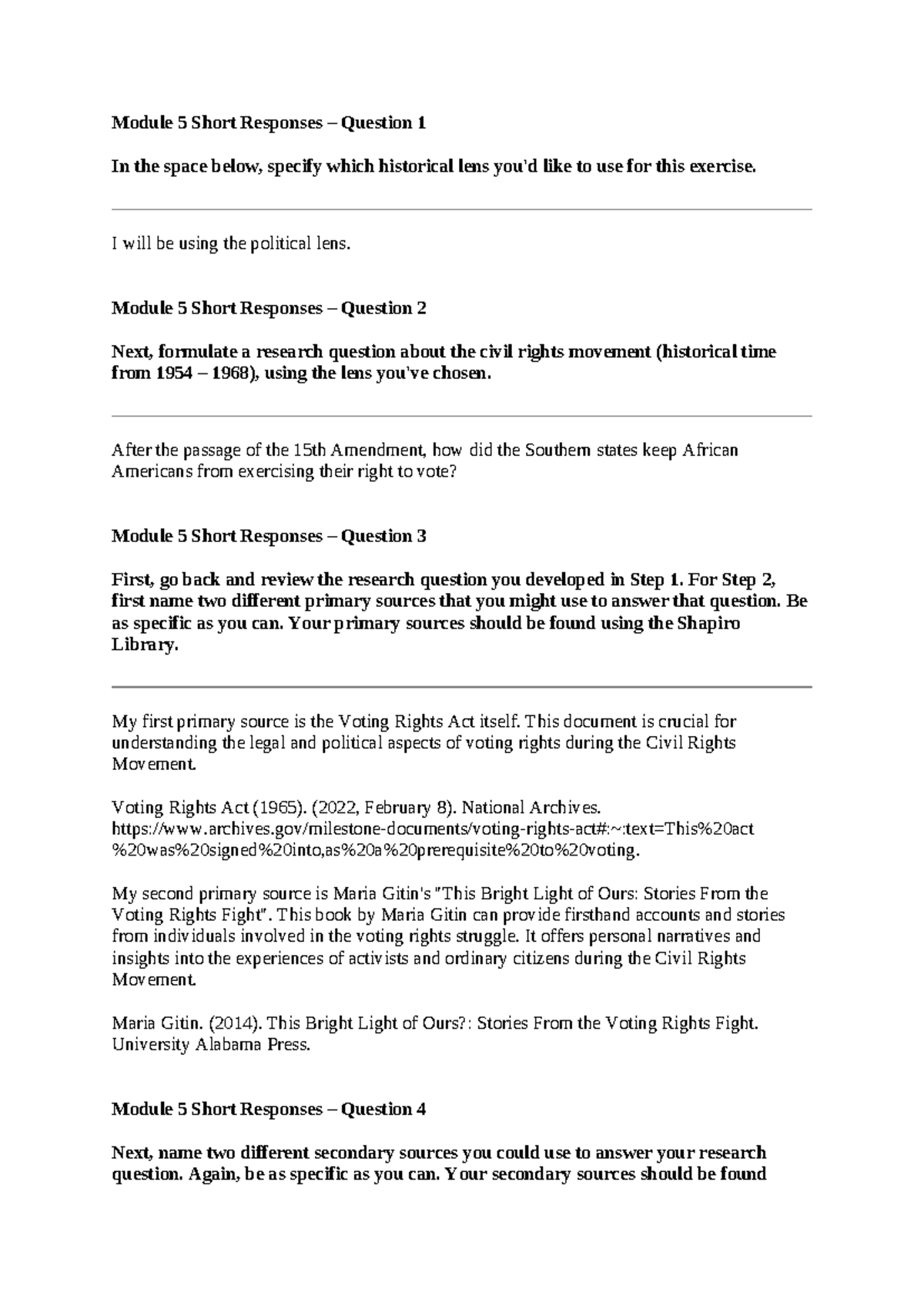 Module 5 Responses - HIS 200 Applied History: Civil Rights Focus - Studocu