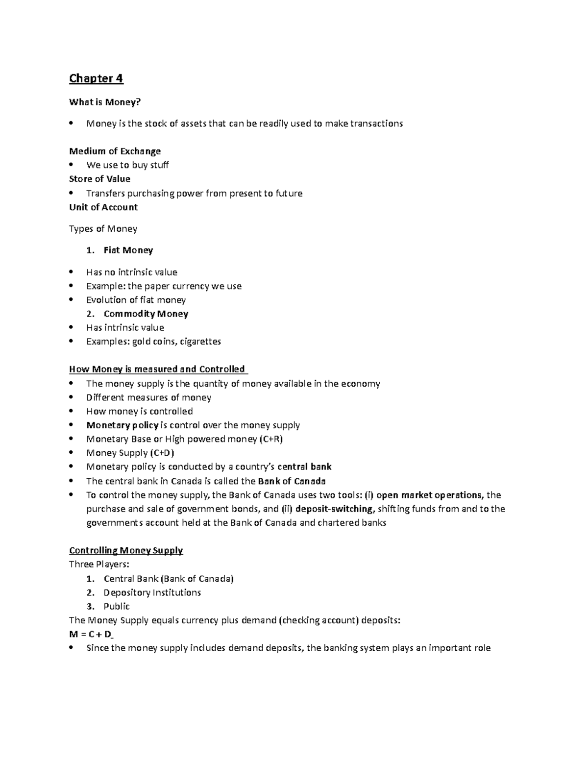 ECON 101: Chapter 4 & 5 - Money, Monetary Policy & Inflation Notes ...