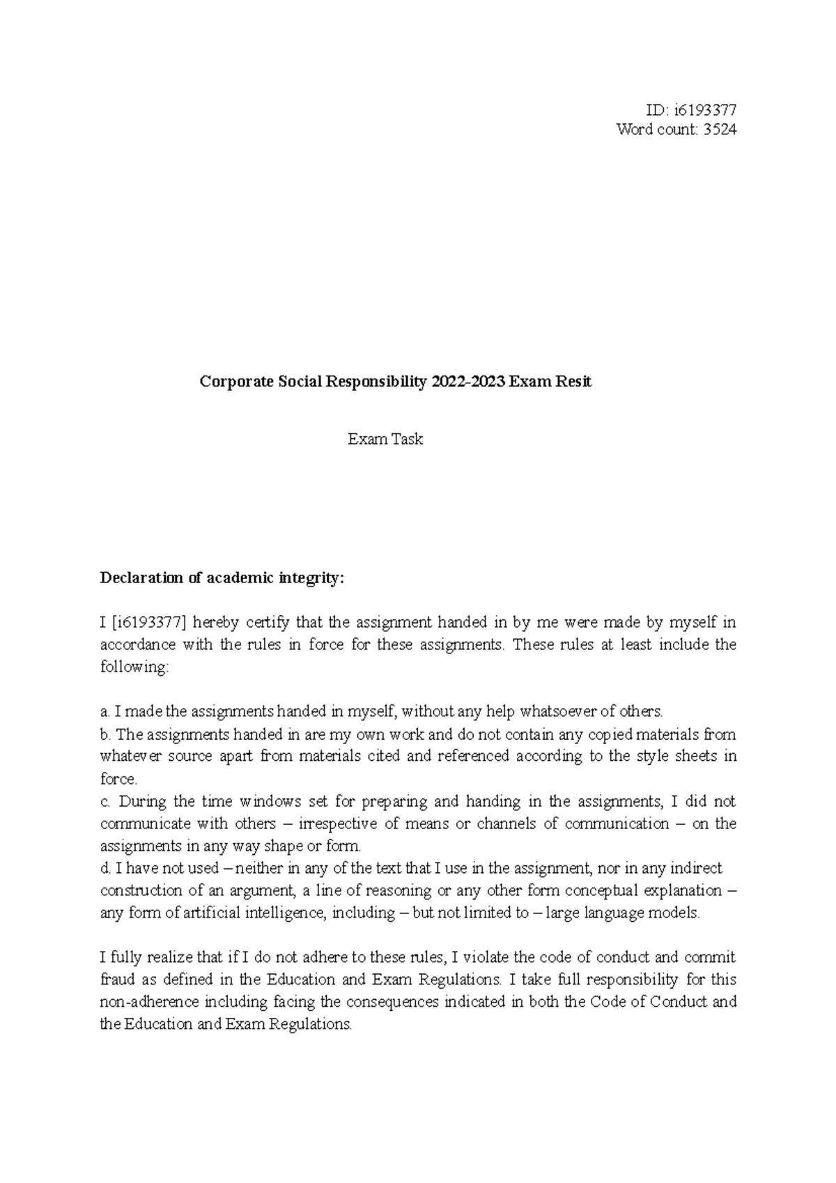 Corporate Social Responsibility CSR Resit Exam Analysis 2022-2023 ...