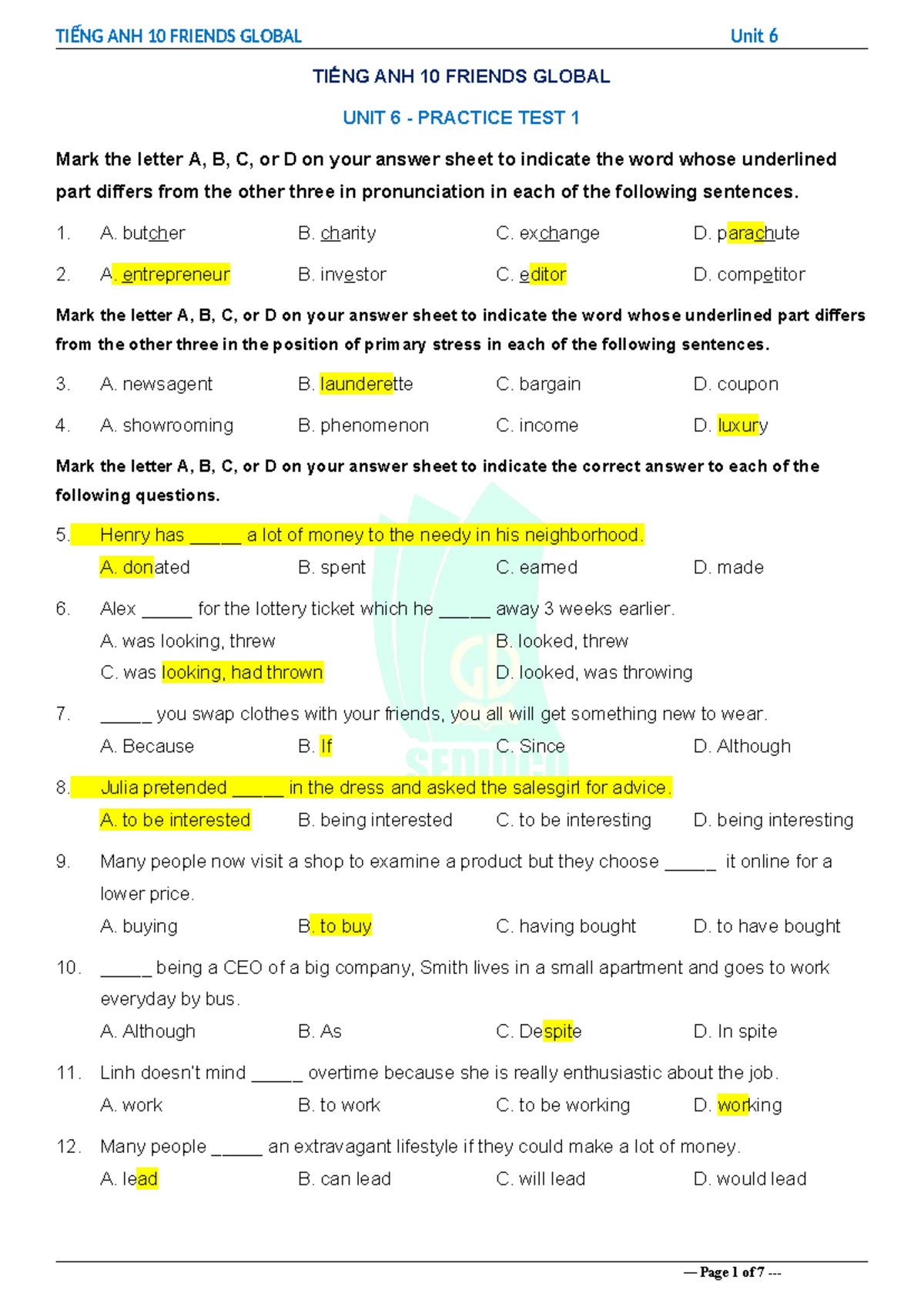 TIẾNG ANH 10 FRIENDS GLOBAL Unit 6 PRACTICE TEST 1 - Studocu
