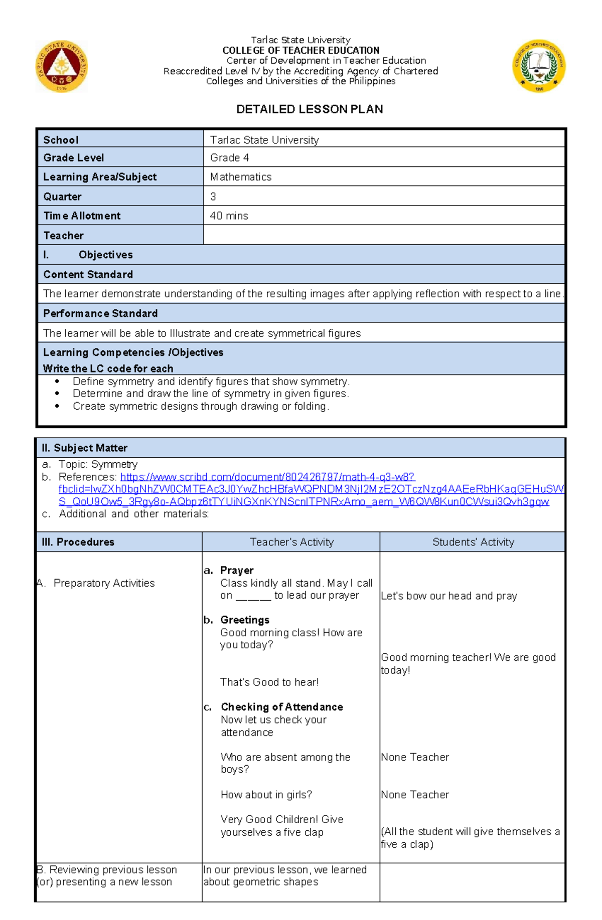 Grade 4 Math Lesson Plan: Understanding Symmetry (Quarter 3) - Studocu