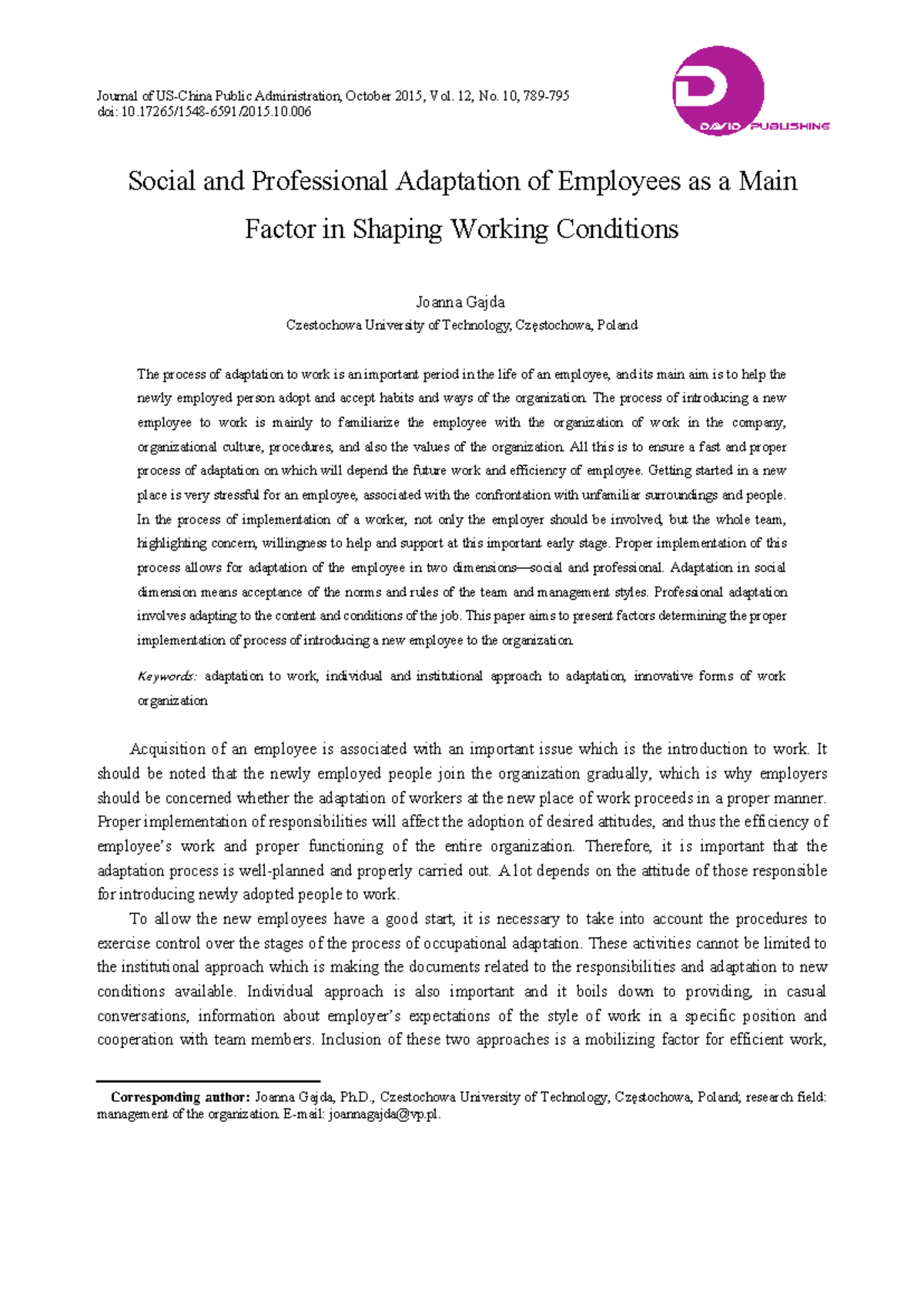Social and Professional Adaptation of Employees: Key Factors in Work ...