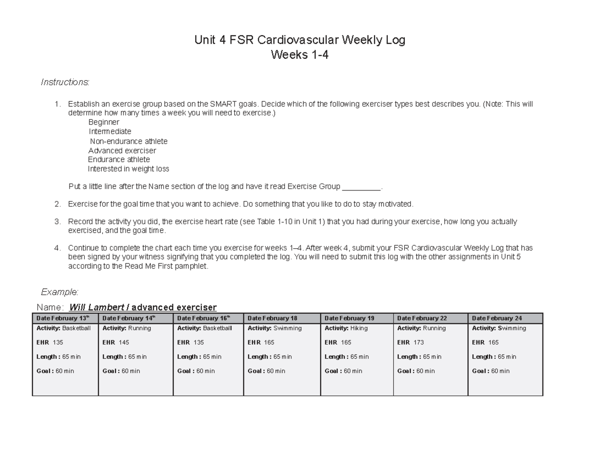 FSR Cardiovascular Weekly Log - Unit 4 Progress Tracker - Studocu