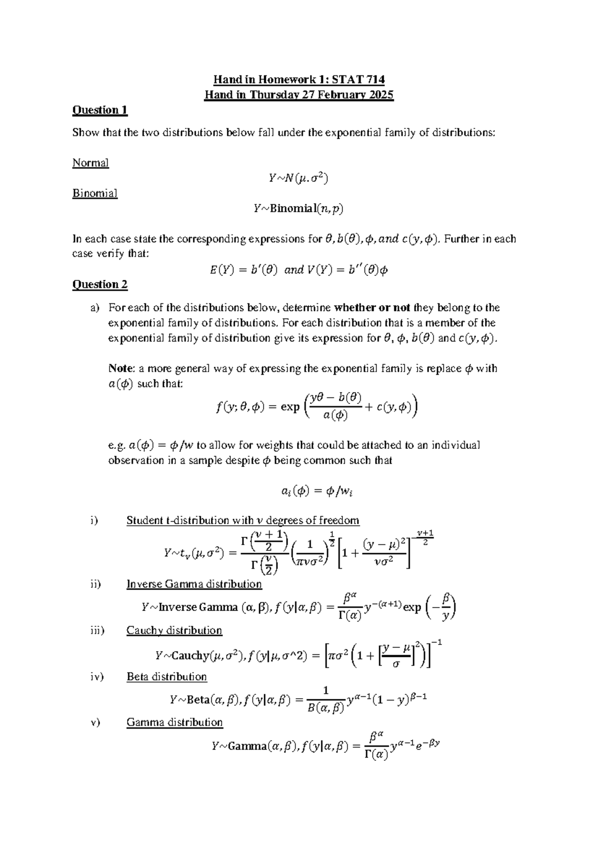 Homework 1 STAT 714 - Hand in Homework 1 : STAT 714 Hand in Thursday 27 ...