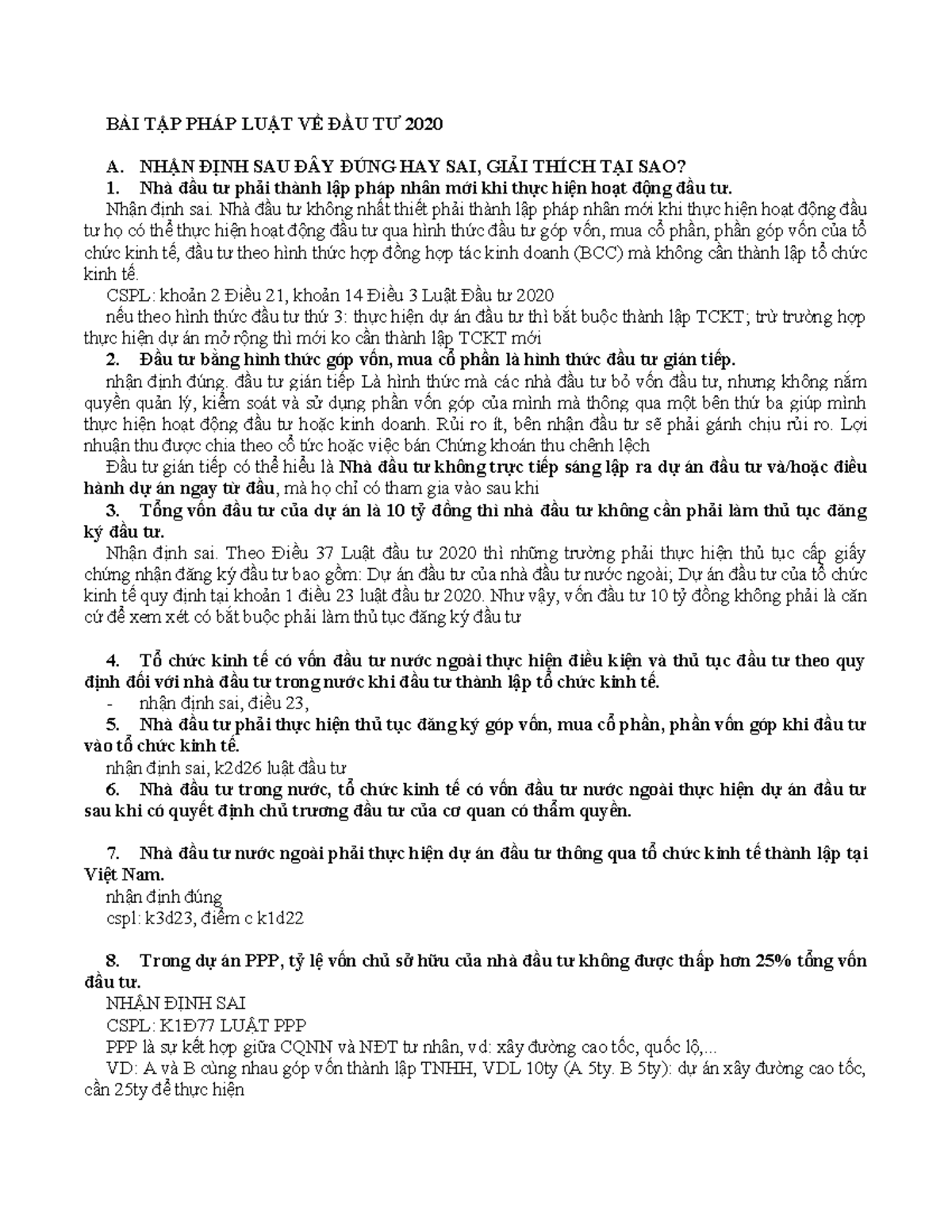 BÀI TẬP LUẬT ĐẦU TƯ 2020 - NHẬN ĐỊNH ĐÚNG SAI VÀ GIẢI THÍCH - Document Preview