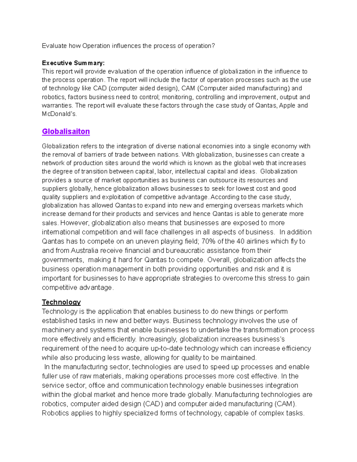 Business Operation Report - Evaluate how Operation influences the ...