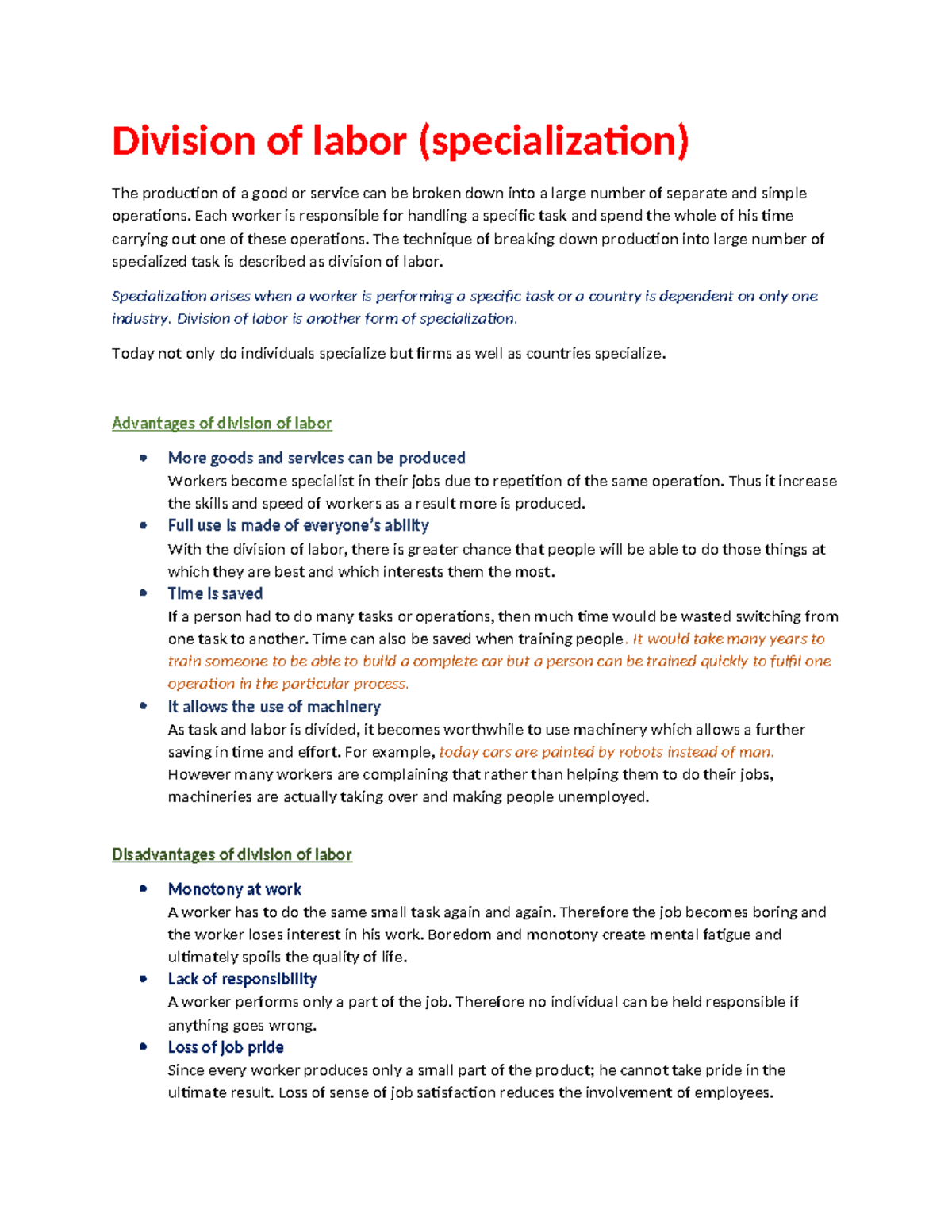 Division of labor: advantages and disadvantages in production processes ...