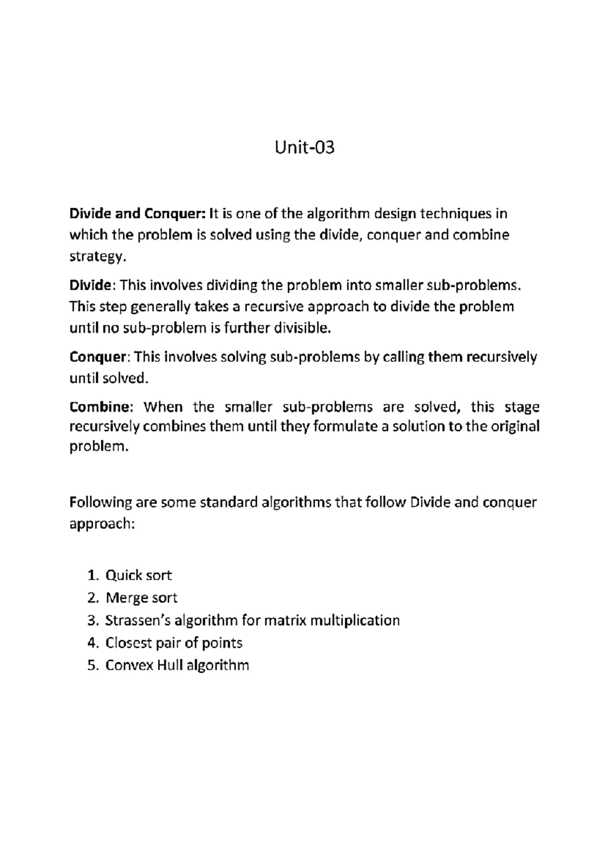 DAA (Unit-3) - Divide and Conquer & Greedy Algorithms Notes - Studocu