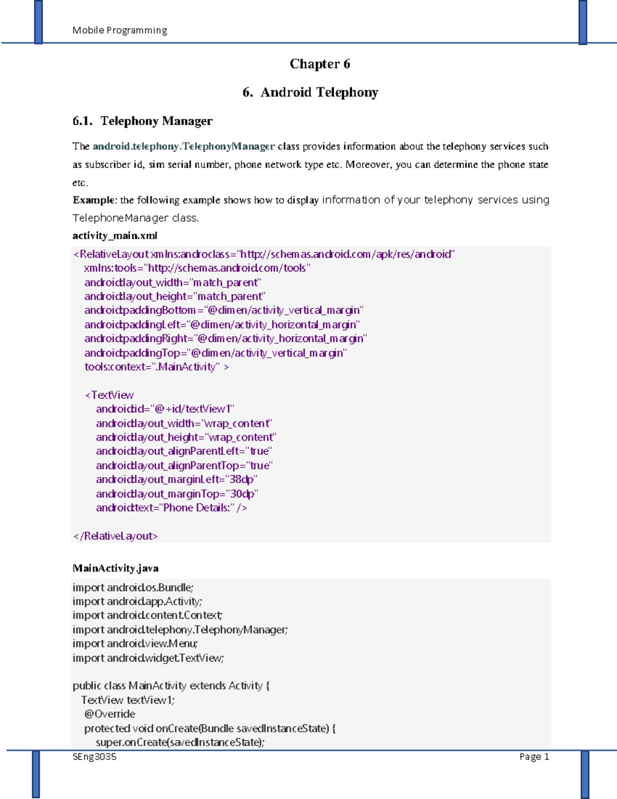 Chapter 6: Android Telephony Services - MP - Studocu