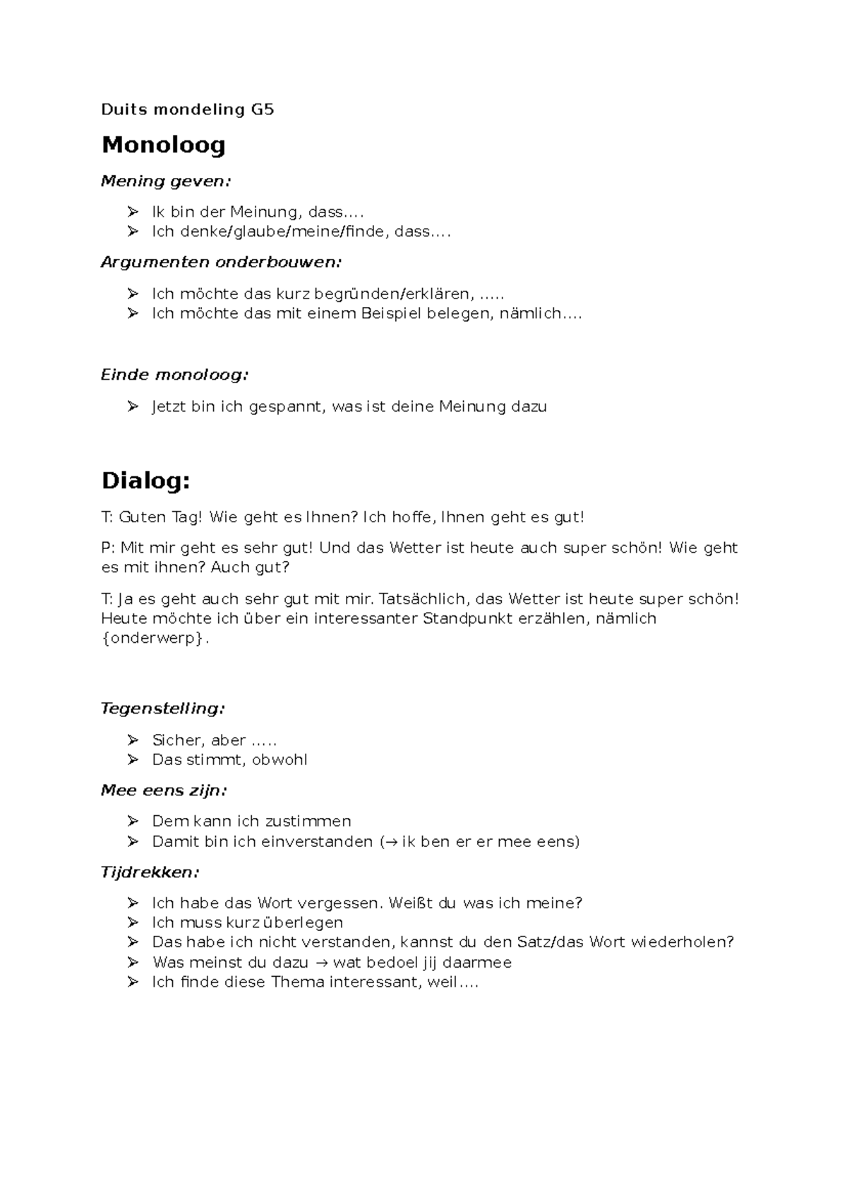 Duits mondeling G5 - Monoloog en Dialoog Voorbereiding - Studeersnel