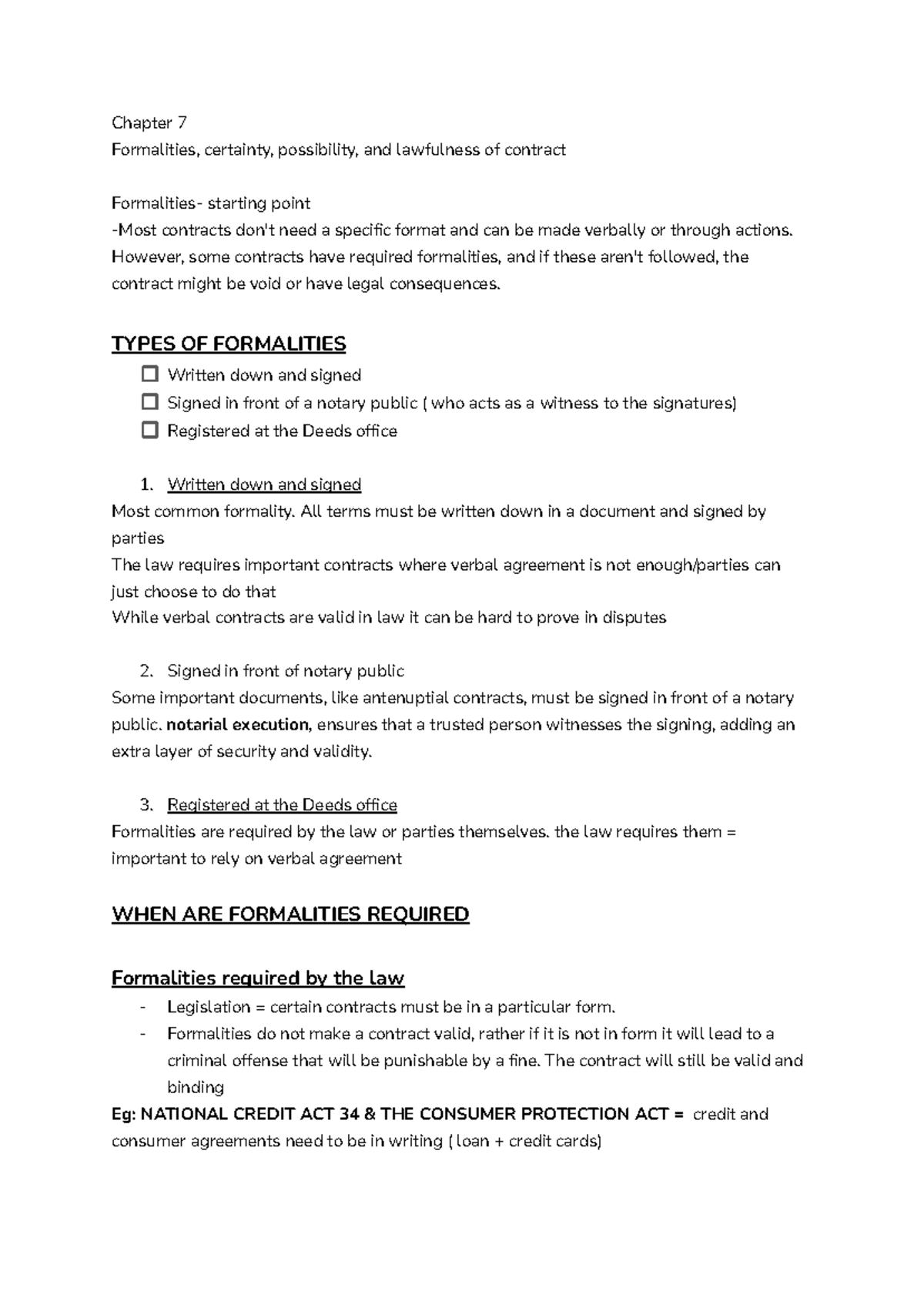 Chapter 7: Formalities, Certainty, and Lawfulness in Contracts - Studocu