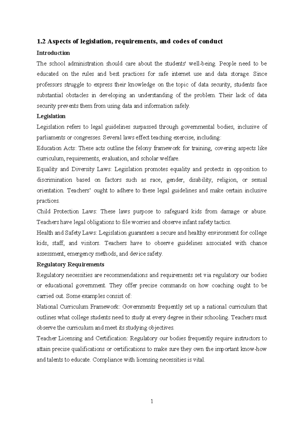 1.2 Legislation, Requirements, and Codes of Conduct in Education - Studocu