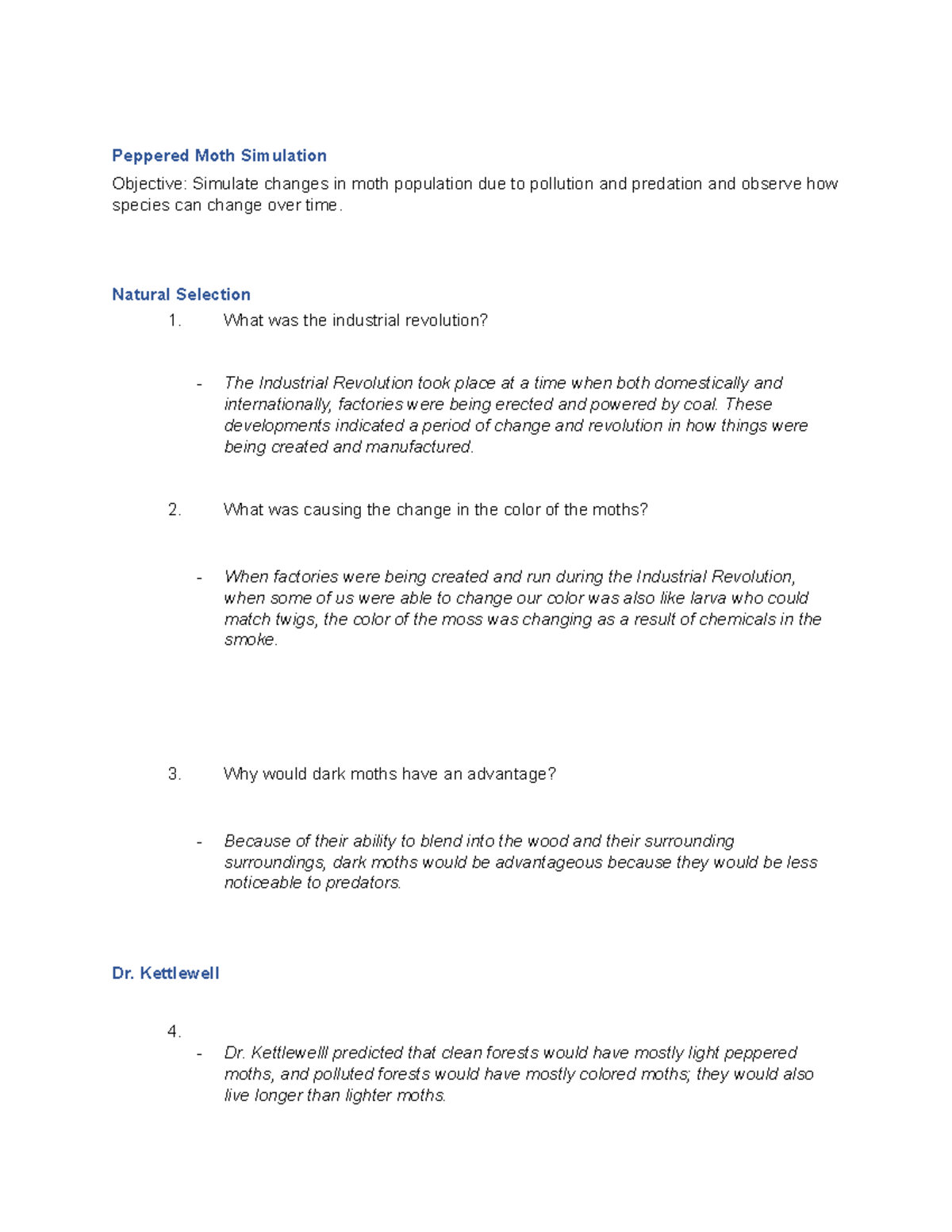 Peppered Moth Simulation Lab Report - Biology 101 - Studocu