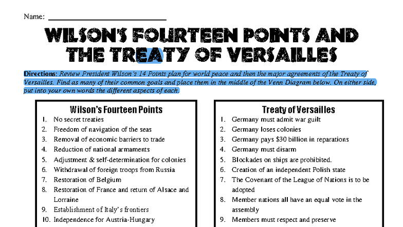 Assn1-14ptsvs Versailles - Name: Wilson’s Fourteen Points and the ...