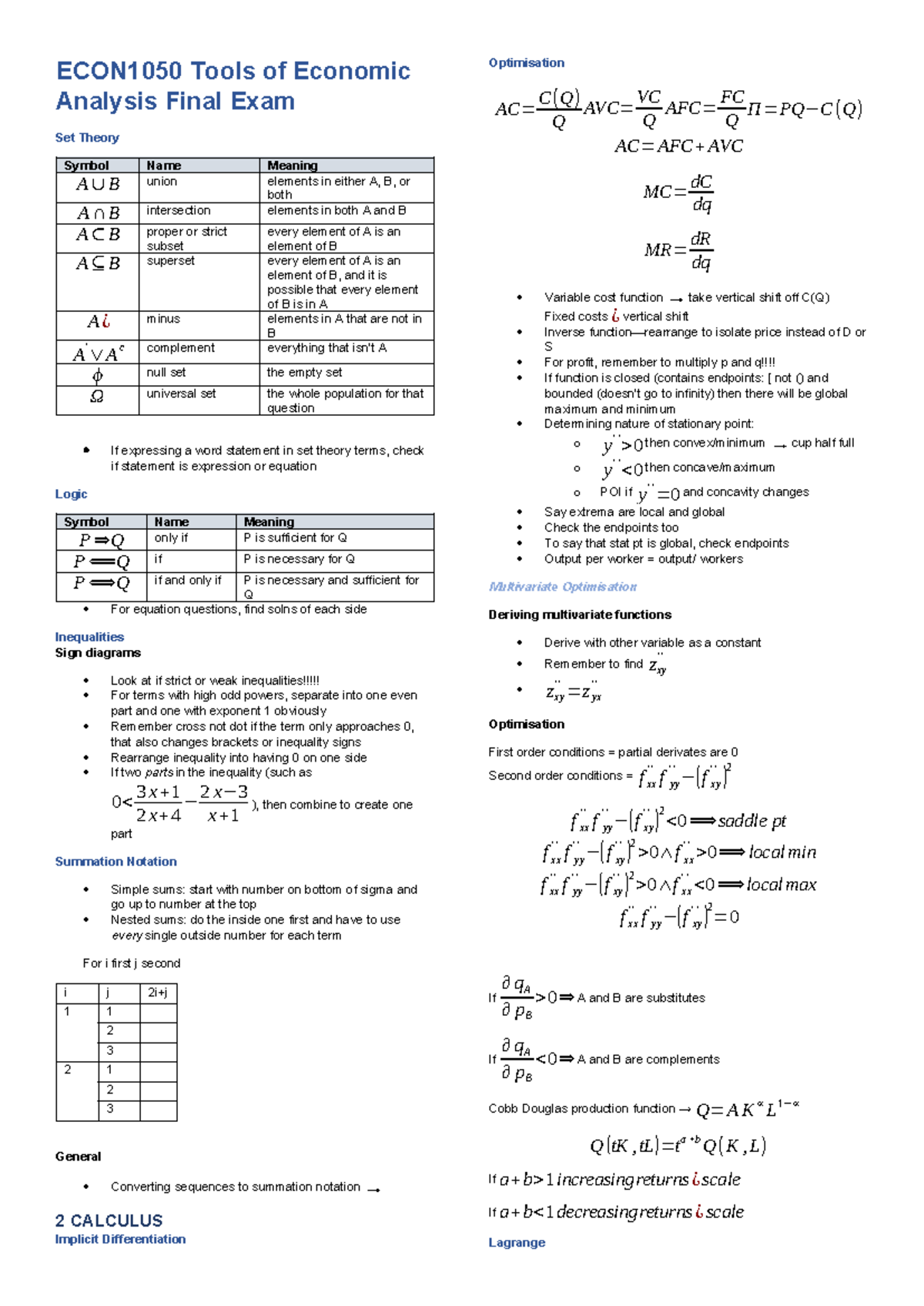 ECON1050 Final Exam Study Notes: Tools of Economic Analysis - Studocu
